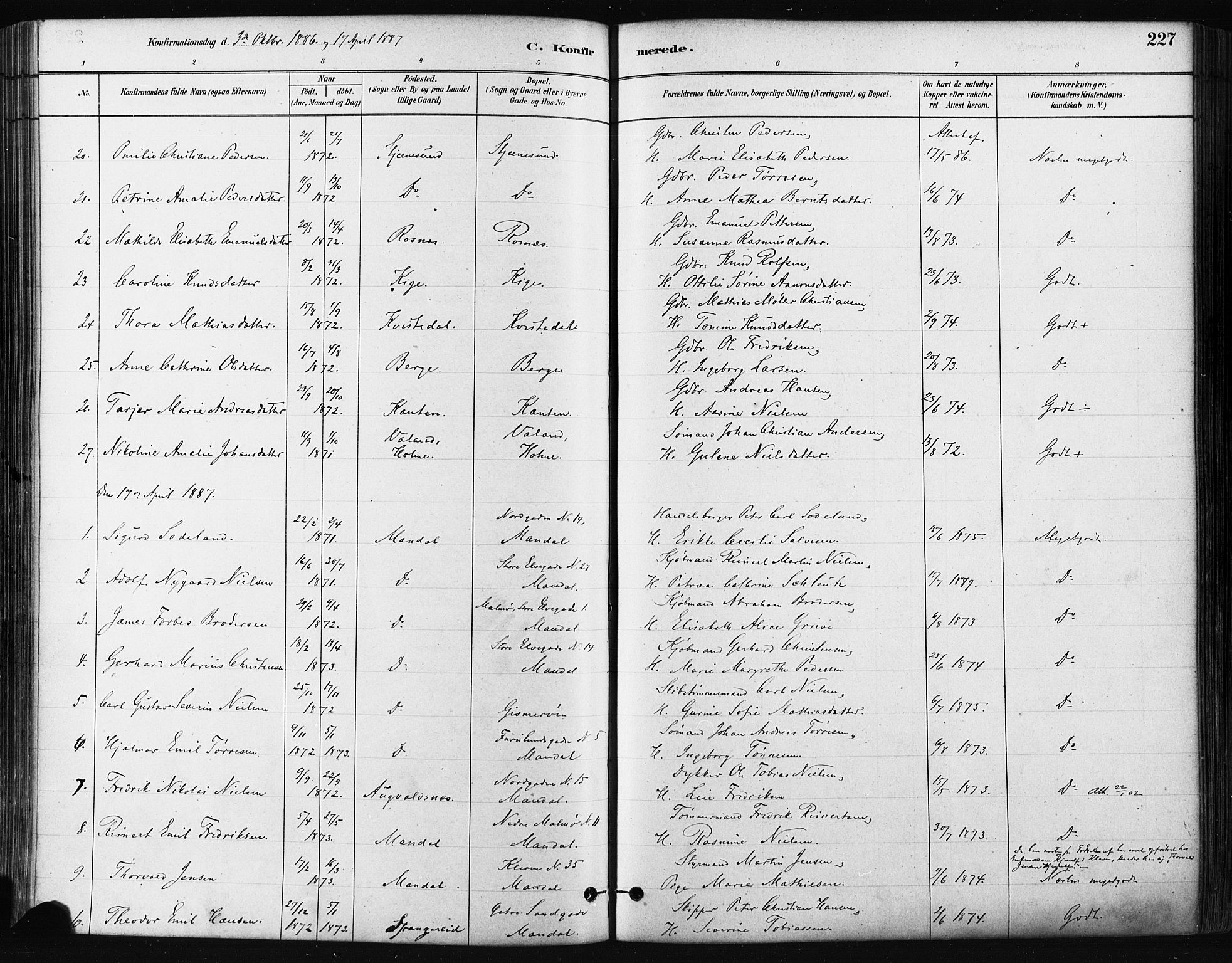 Mandal sokneprestkontor, AV/SAK-1111-0030/F/Fa/Faa/L0016: Parish register (official) no. A 16, 1880-1890, p. 227