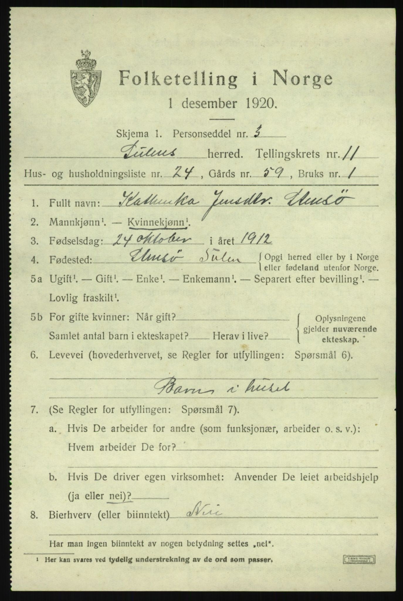 SAB, 1920 census for Solund, 1920, p. 4072