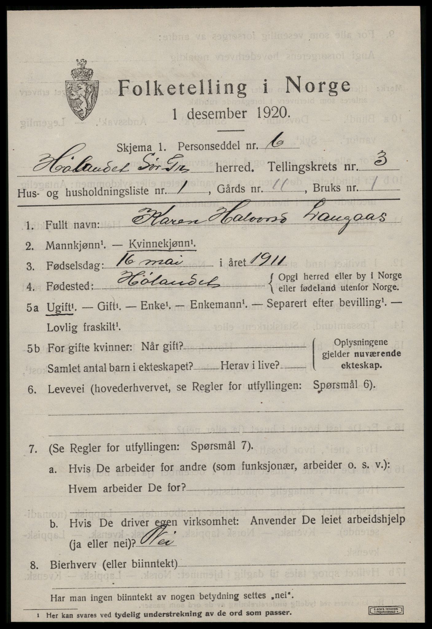 SAT, 1920 census for Hølonda, 1920, p. 1163