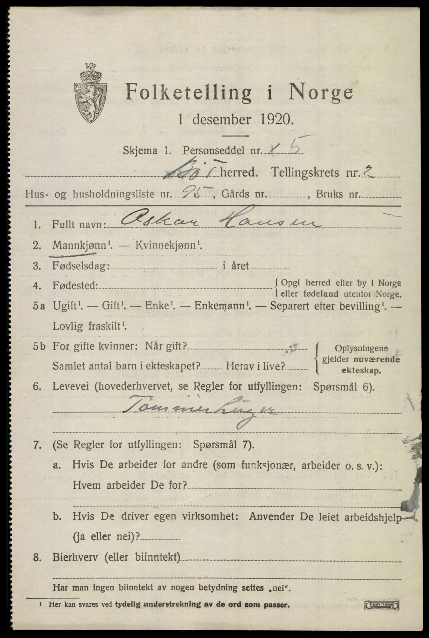 SAKO, 1920 census for Bø (Telemark), 1920, p. 2660