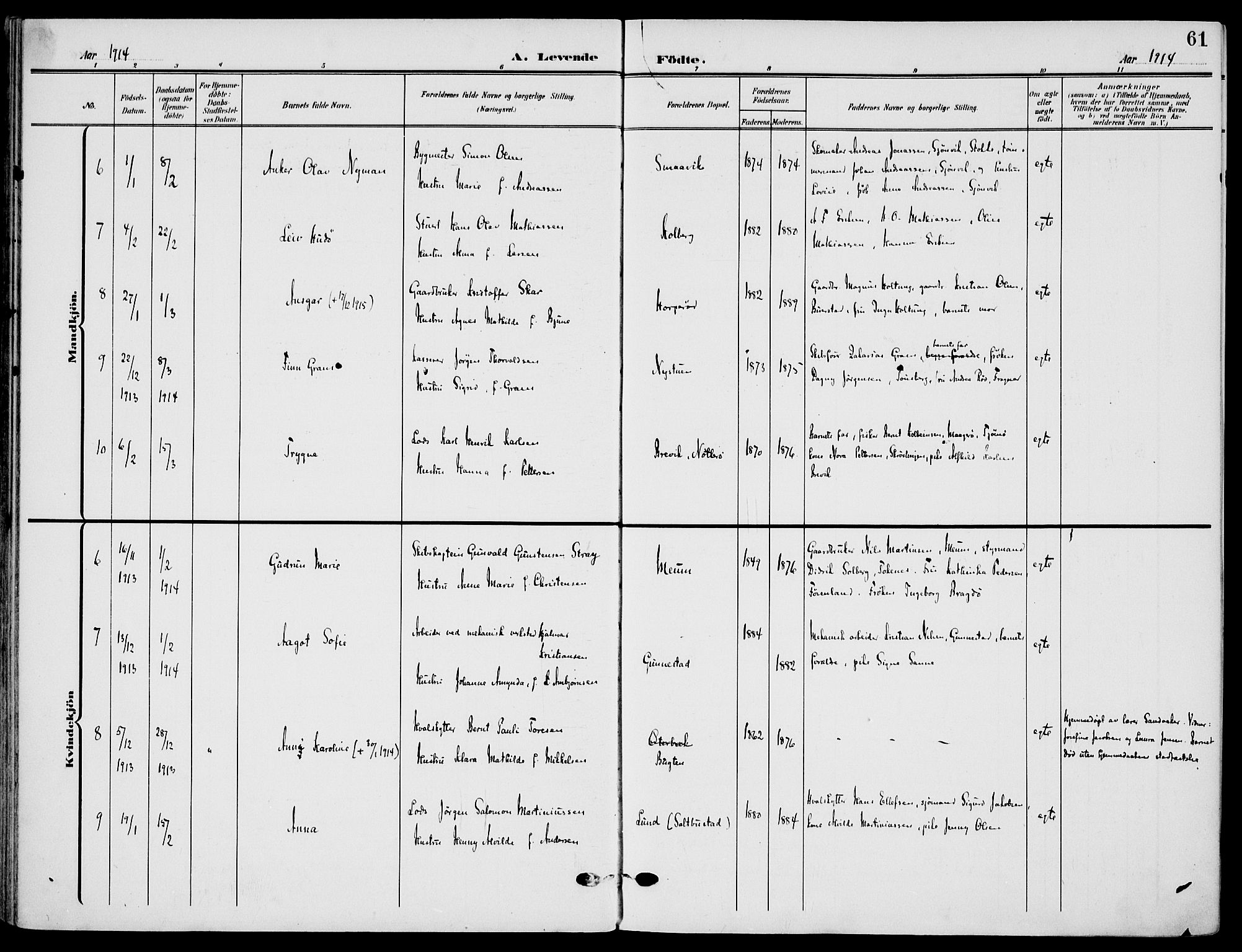 Nøtterøy kirkebøker, AV/SAKO-A-354/F/Fa/L0010: Parish register (official) no. I 10, 1908-1919, p. 61