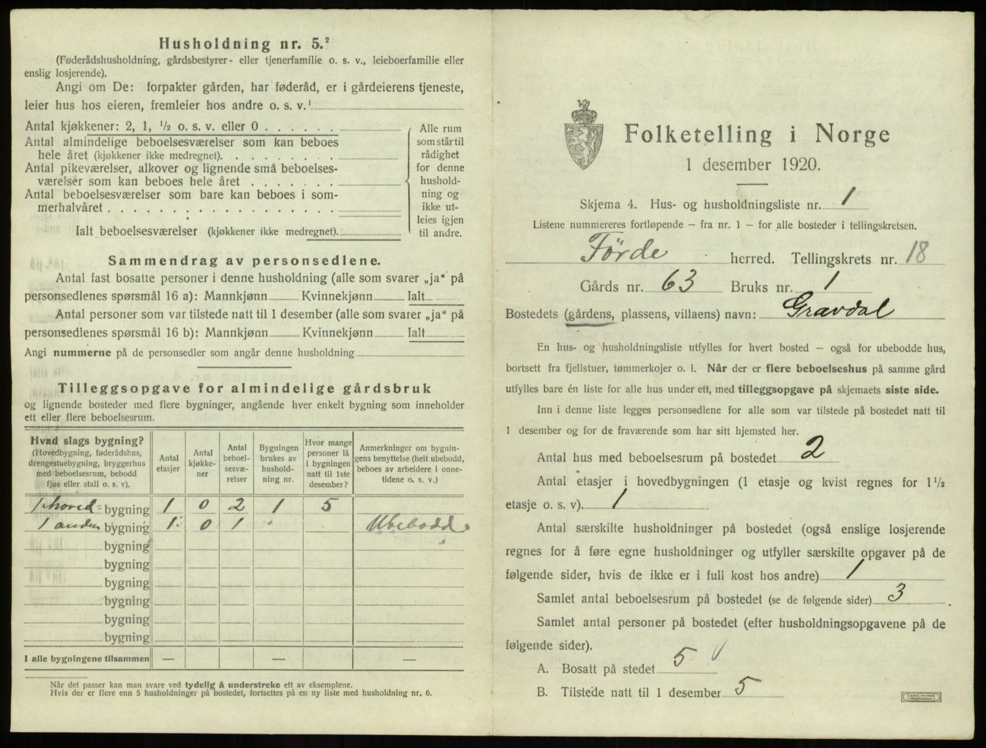 SAB, 1920 census for Førde, 1920, p. 1006