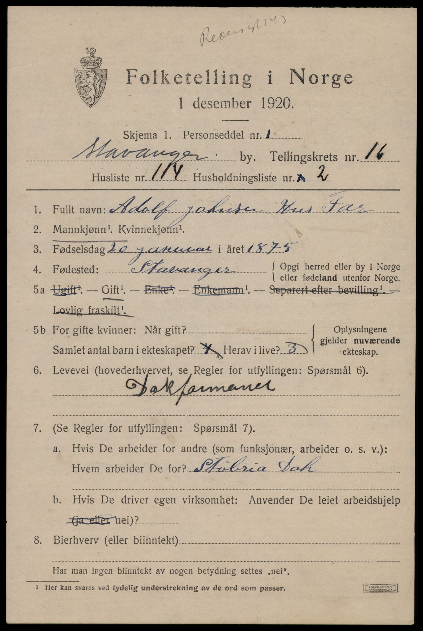 SAST, 1920 census for Stavanger, 1920, p. 65212