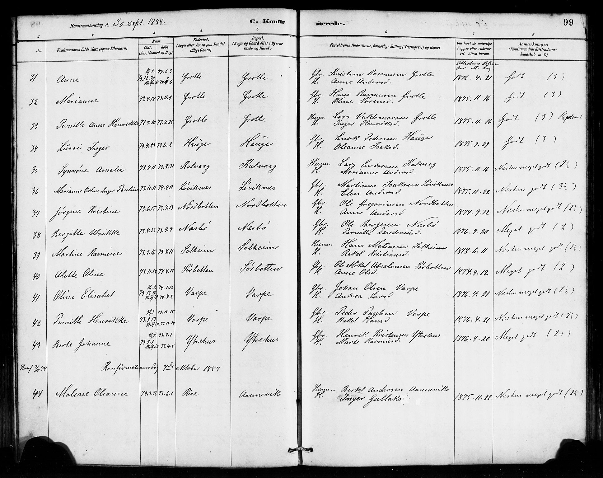 Bremanger sokneprestembete, AV/SAB-A-82201/H/Haa/Haab/L0001: Parish register (official) no. B 1, 1884-1895, p. 99