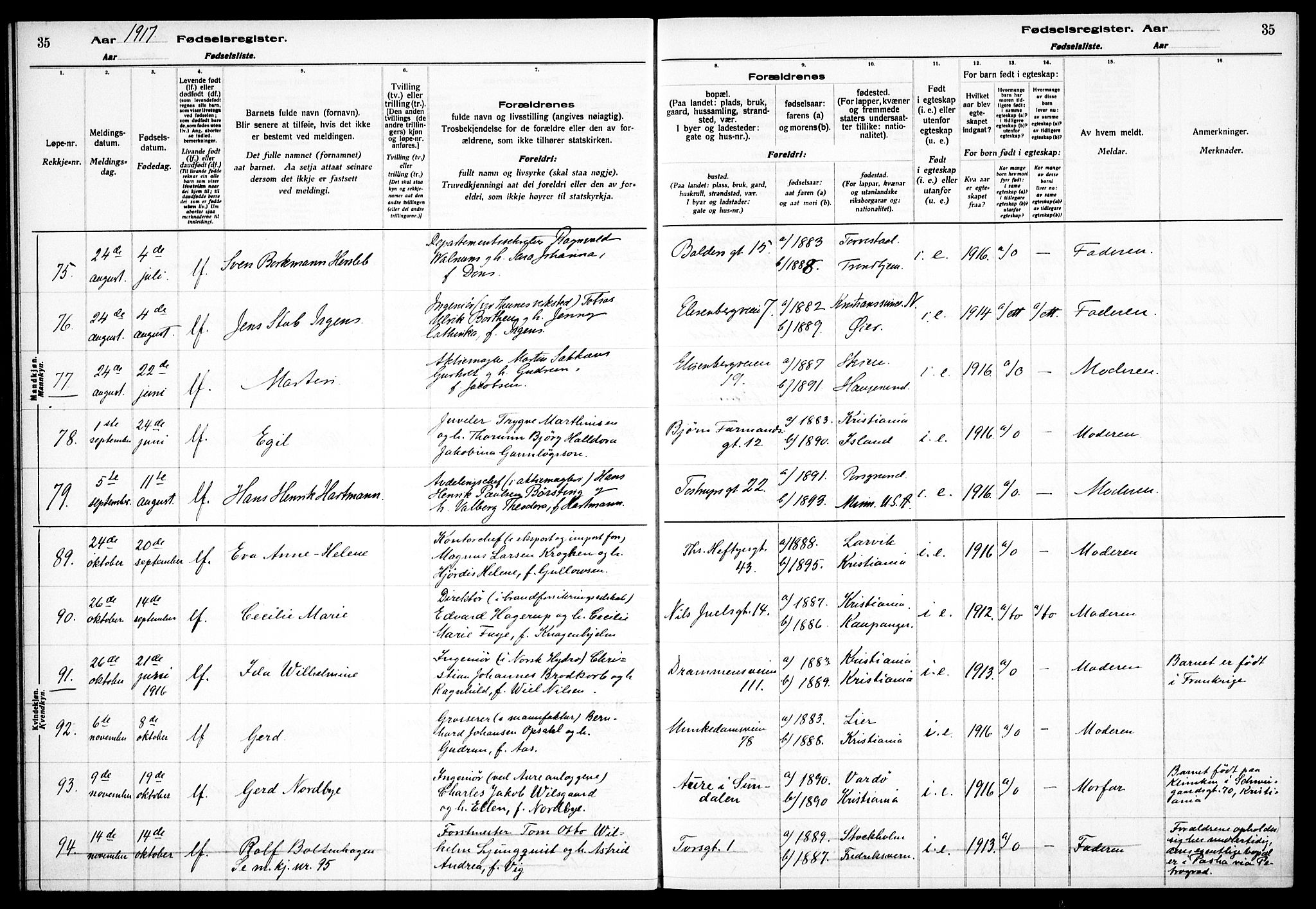 Frogner prestekontor Kirkebøker, AV/SAO-A-10886/J/Ja/L0001: Birth register no. 1, 1916-1927, p. 35