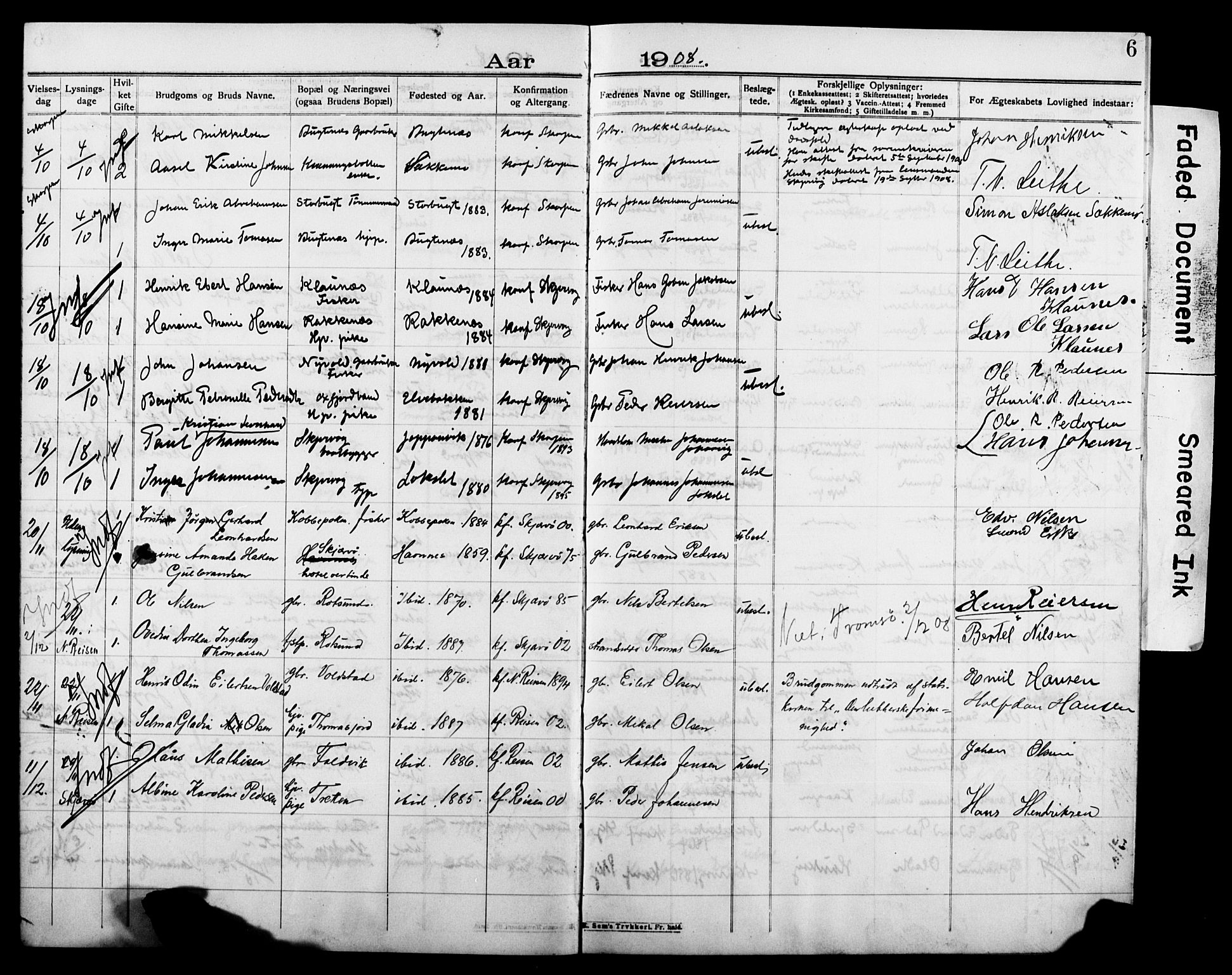 Skjervøy sokneprestkontor, AV/SATØ-S-1300/I/Ib/L0030: Banns register no. 30, 1907-1918, p. 6