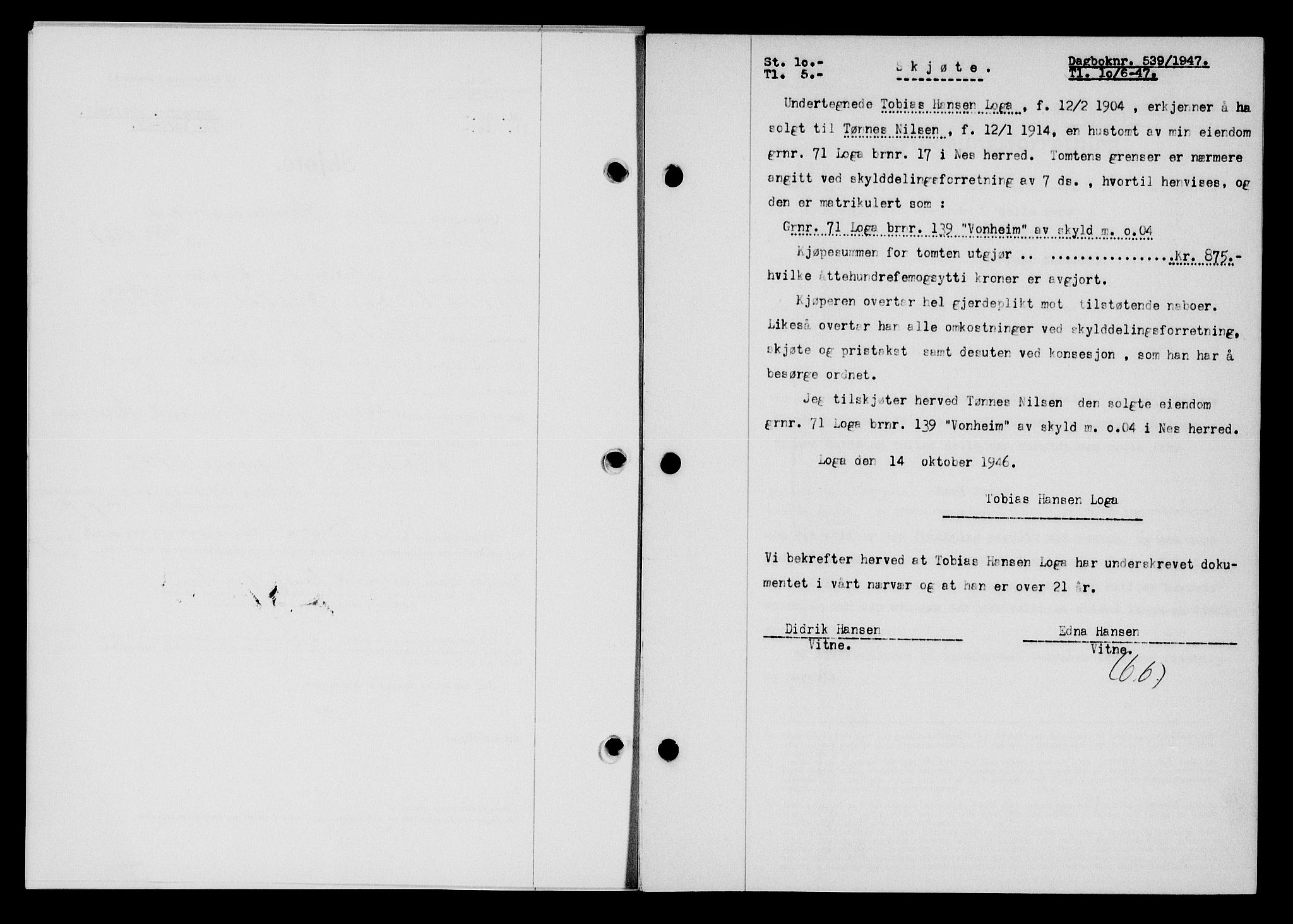 Flekkefjord sorenskriveri, SAK/1221-0001/G/Gb/Gba/L0062: Mortgage book no. A-10, 1947-1947, Diary no: : 539/1947