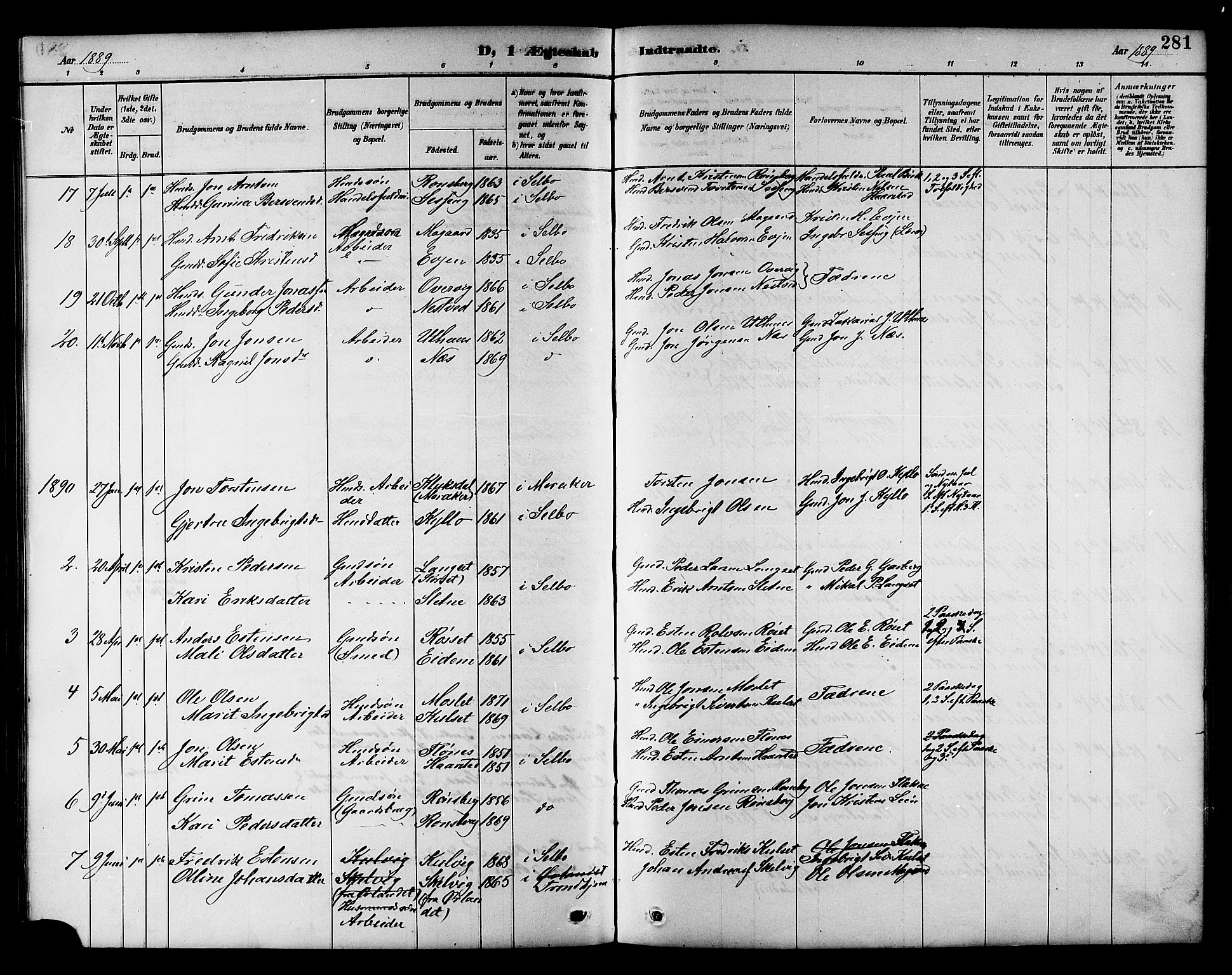 Ministerialprotokoller, klokkerbøker og fødselsregistre - Sør-Trøndelag, SAT/A-1456/695/L1157: Parish register (copy) no. 695C08, 1889-1913, p. 281