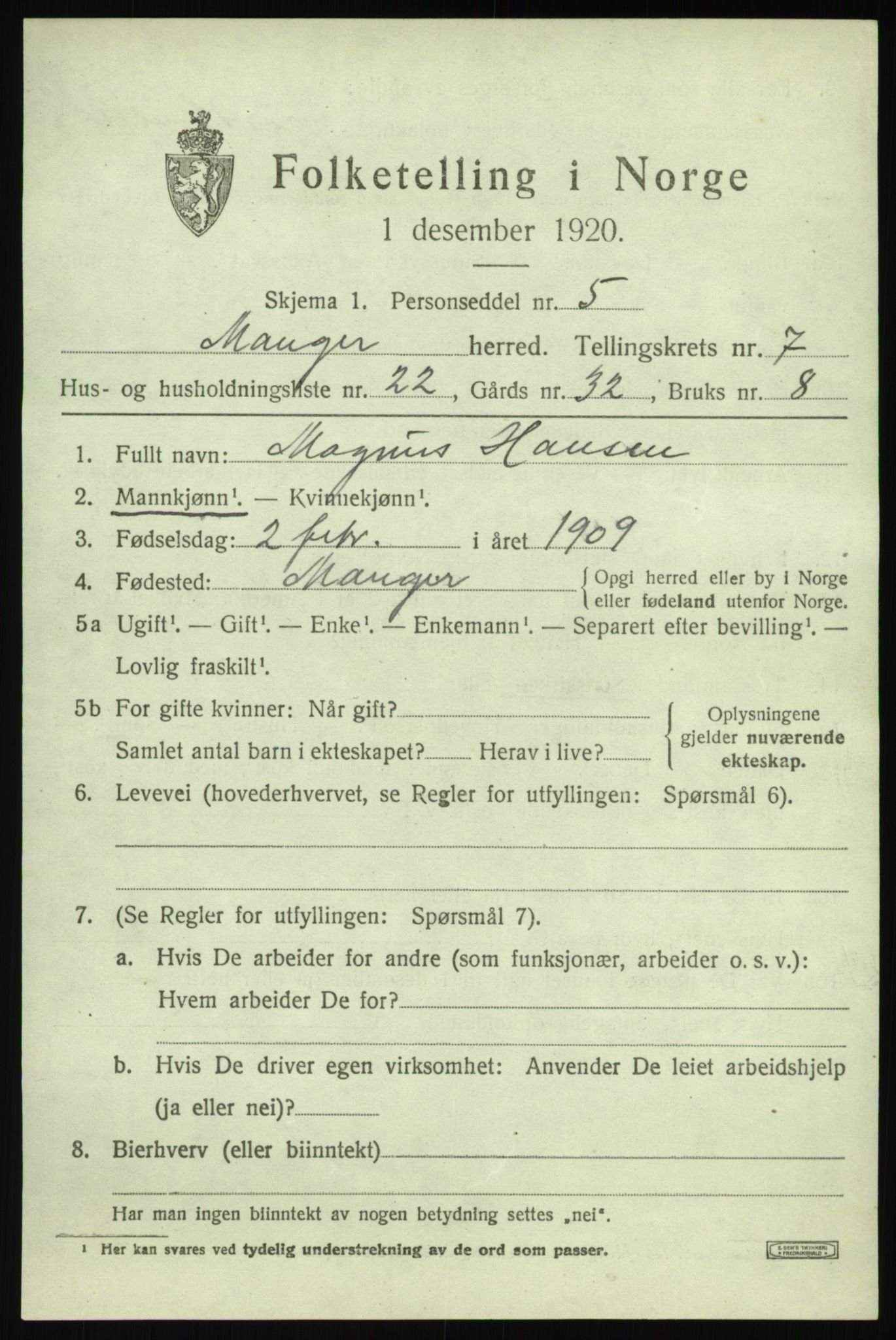 SAB, 1920 census for Manger, 1920, p. 4623