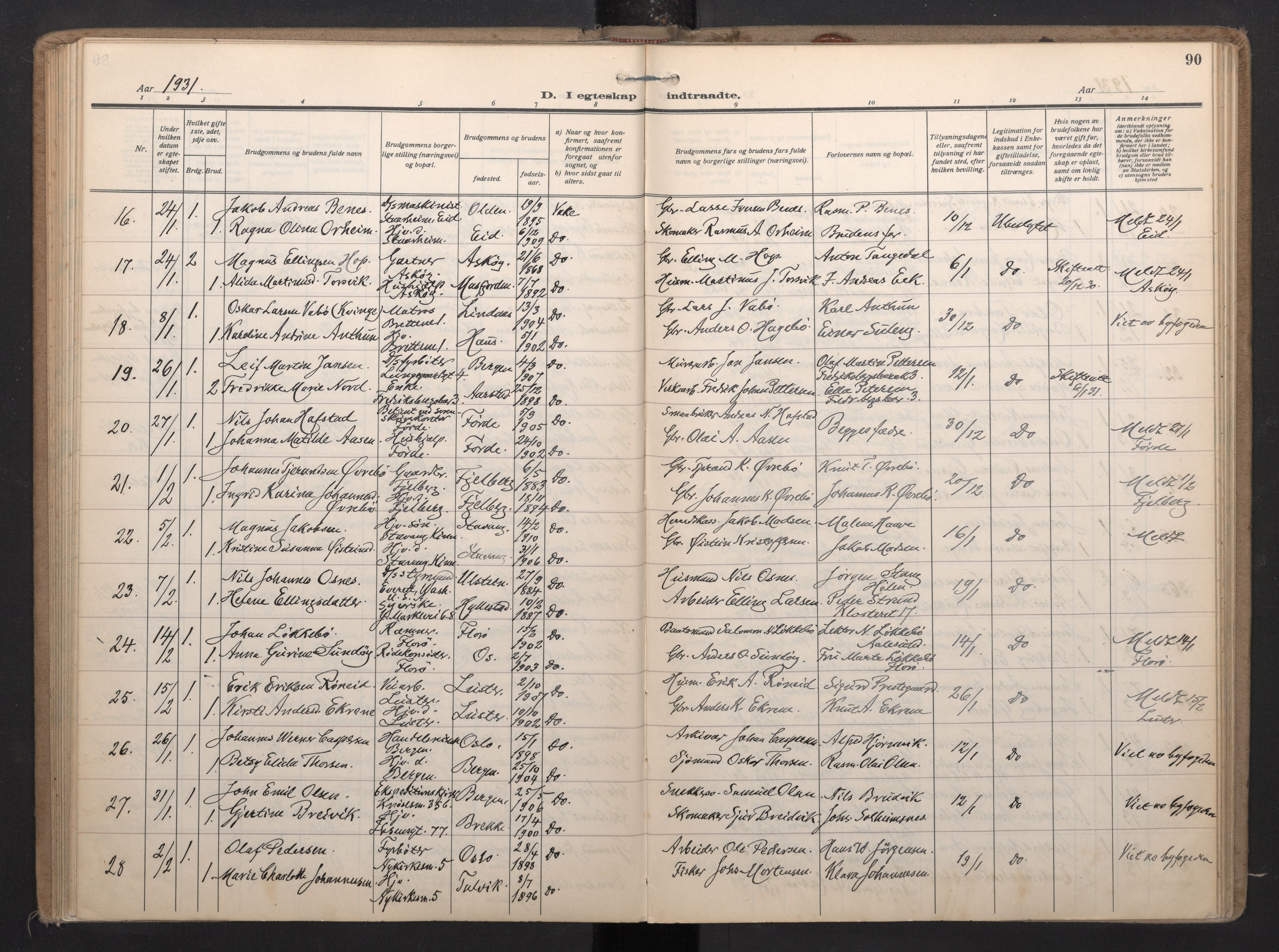 Nykirken Sokneprestembete, SAB/A-77101/H/Haa/L0038: Parish register (official) no. D 8, 1926-1934, p. 89b-90a