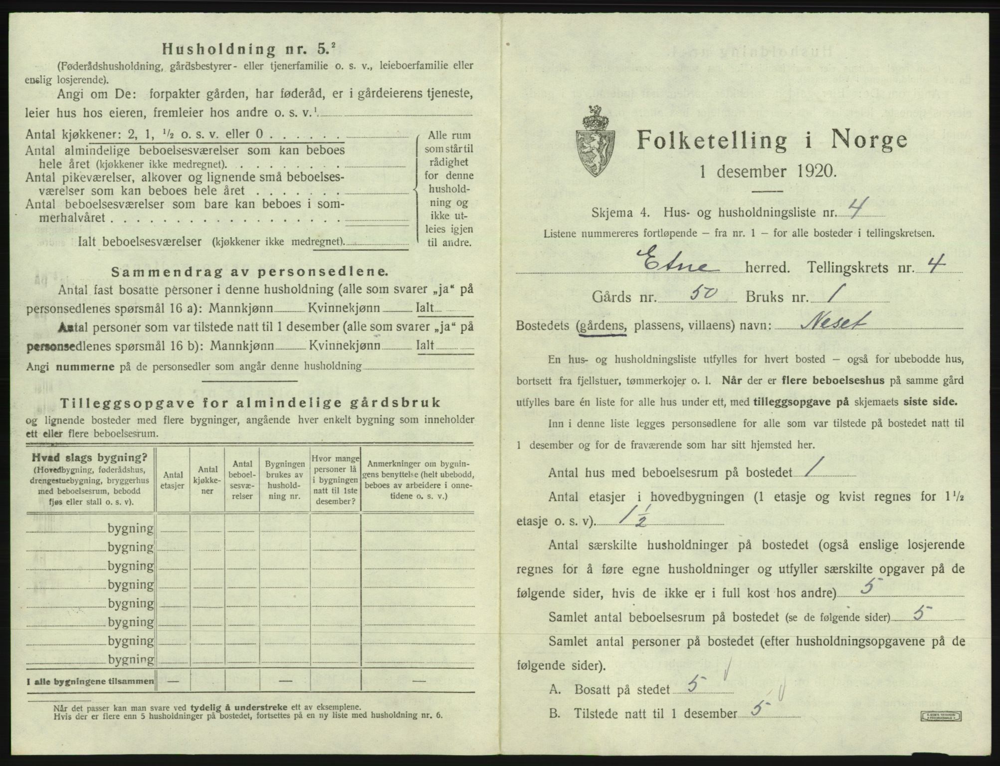 SAB, 1920 census for Etne, 1920, p. 272