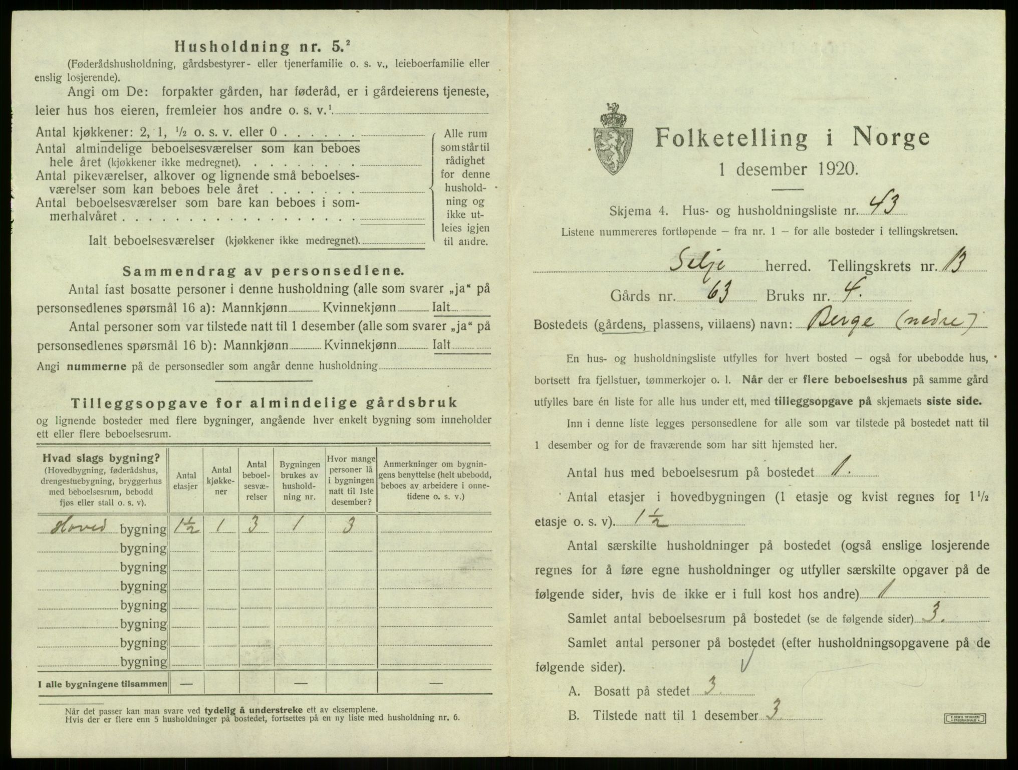 SAB, 1920 census for Selje, 1920, p. 829