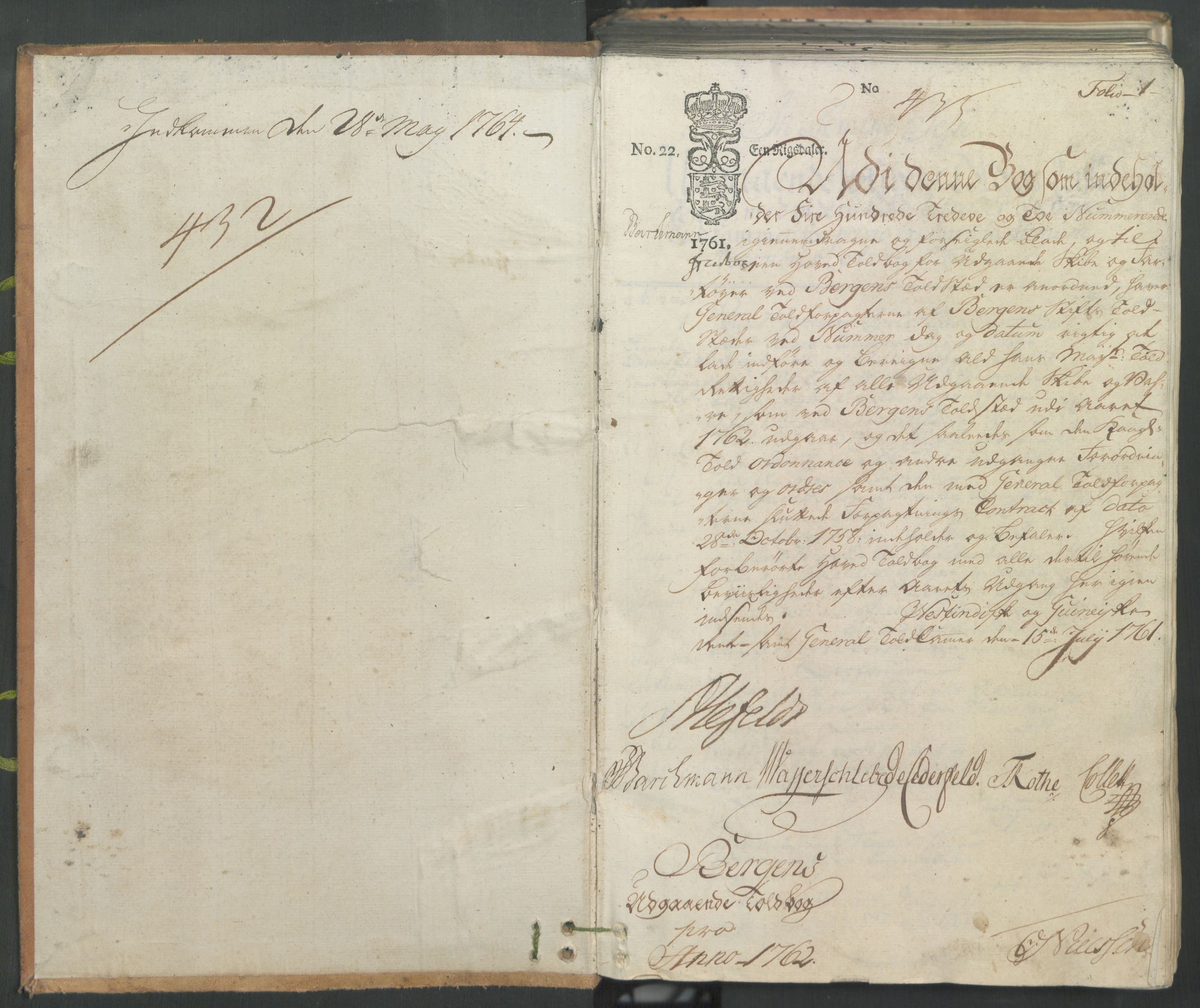 Generaltollkammeret, tollregnskaper, AV/RA-EA-5490/R26/L0102/0001: Tollregnskaper Bergen A / Utgående hovedtollbok, 1762, p. 1a