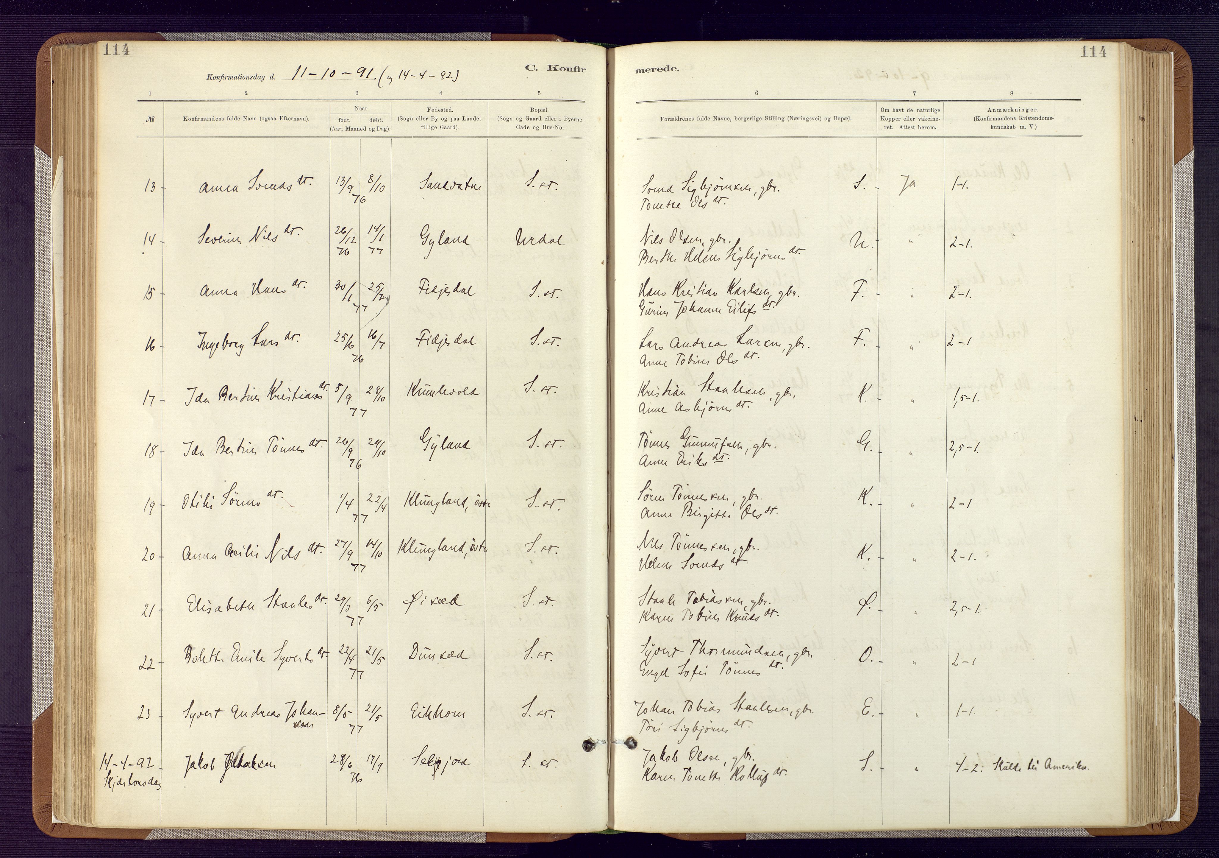 Bakke sokneprestkontor, AV/SAK-1111-0002/F/Fa/Fab/L0003: Parish register (official) no. A 3, 1884-1921, p. 114