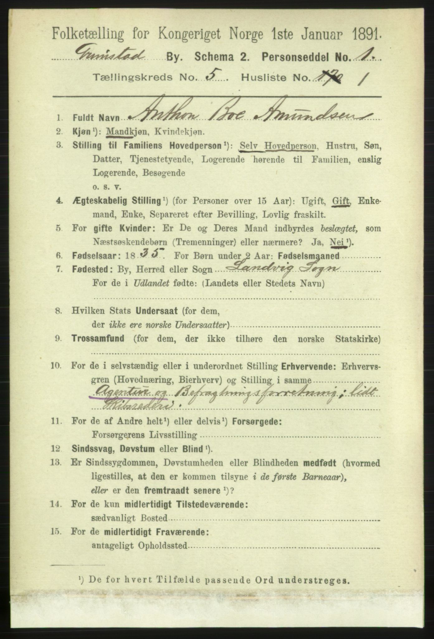 RA, 1891 census for 0904 Grimstad, 1891, p. 3009