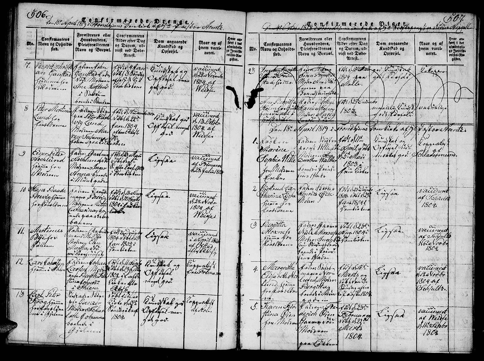 Ministerialprotokoller, klokkerbøker og fødselsregistre - Sør-Trøndelag, SAT/A-1456/601/L0043: Parish register (official) no. 601A11, 1815-1821, p. 506-507
