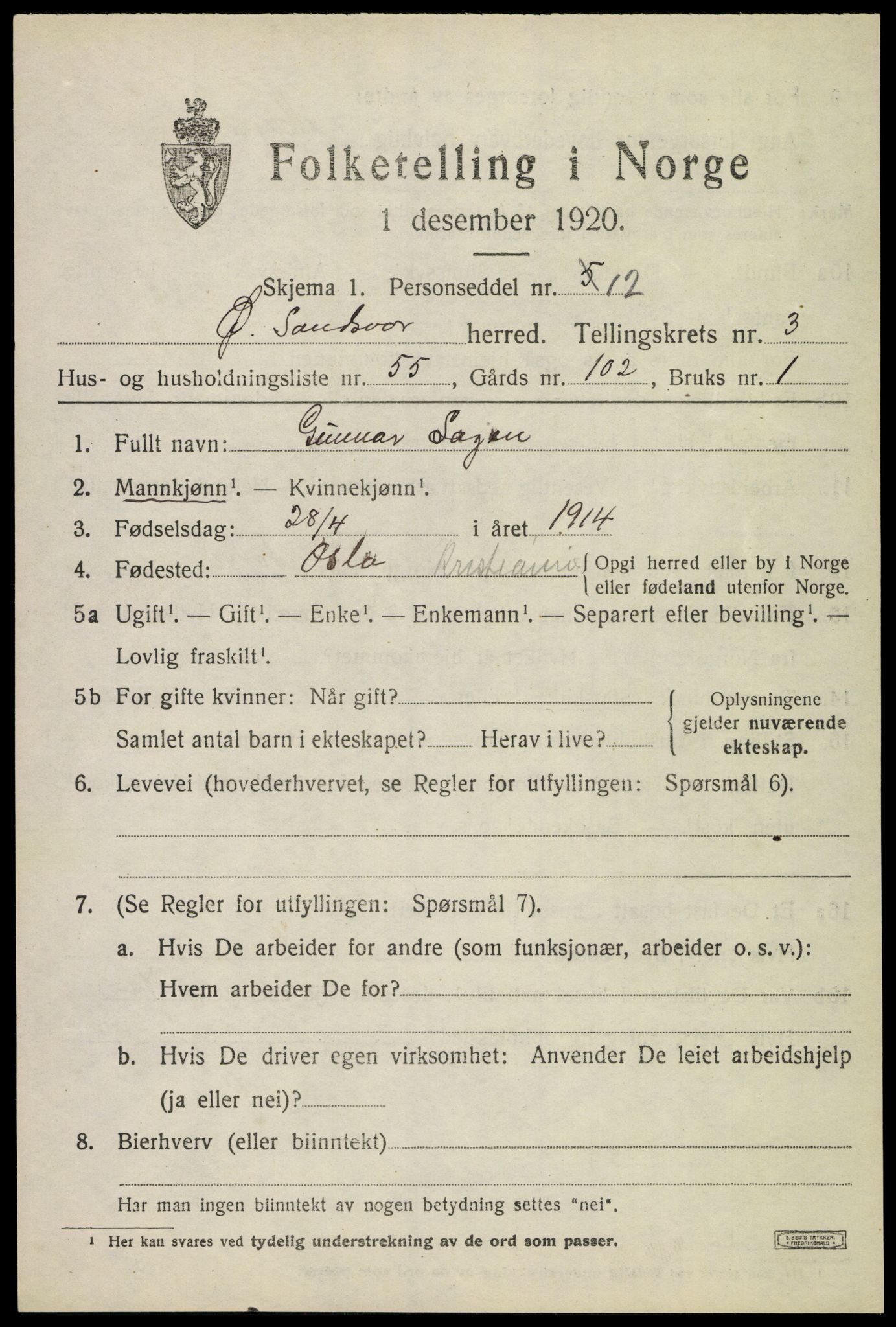 SAKO, 1920 census for Øvre Sandsvær, 1920, p. 2540