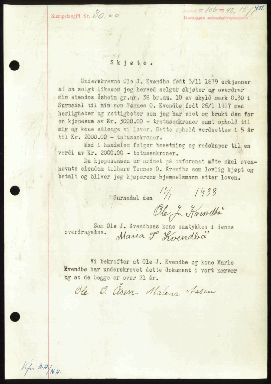 Nordmøre sorenskriveri, AV/SAT-A-4132/1/2/2Ca: Mortgage book no. A107, 1947-1948, Diary no: : 106/1948