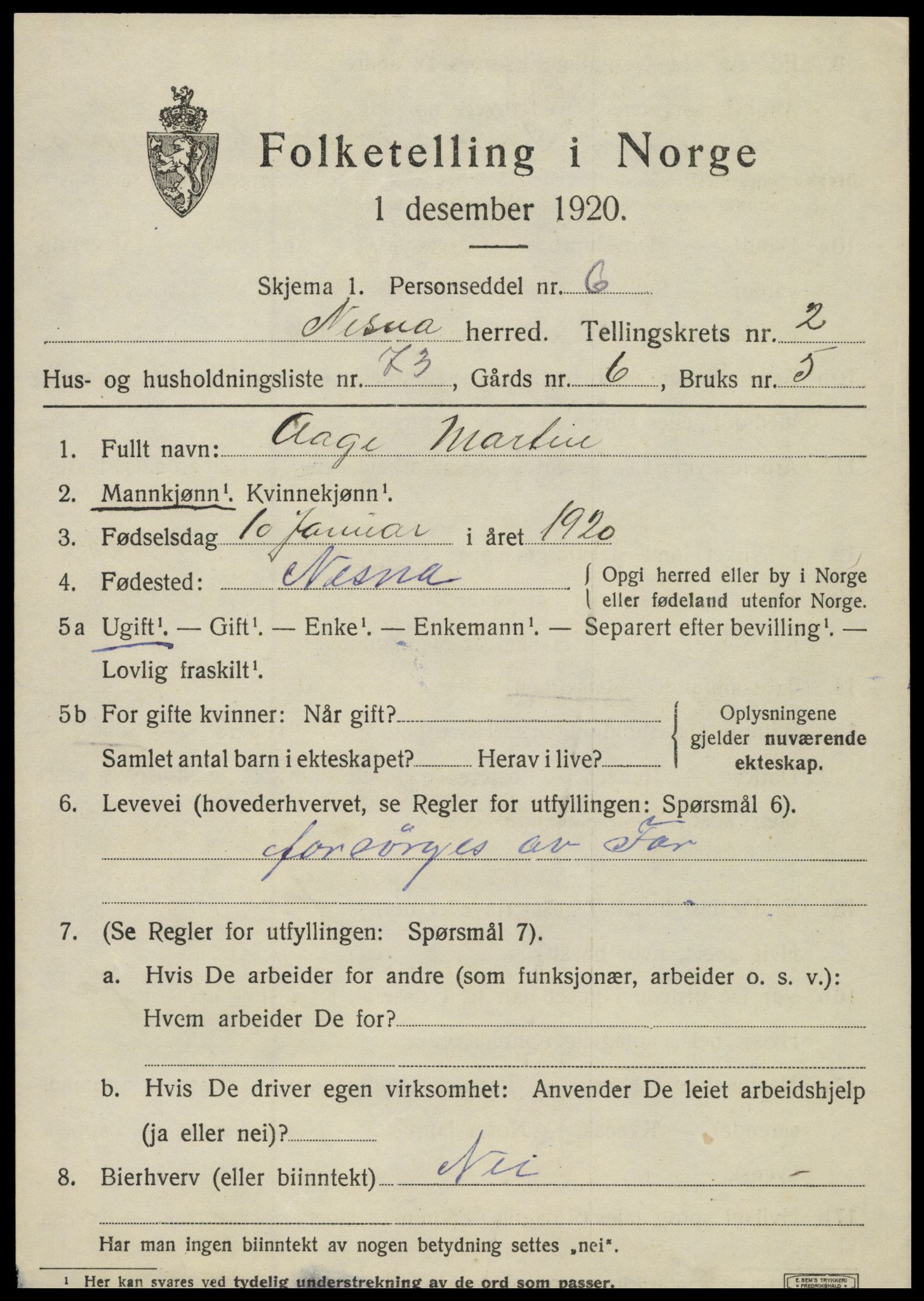 SAT, 1920 census for Nesna, 1920, p. 2557