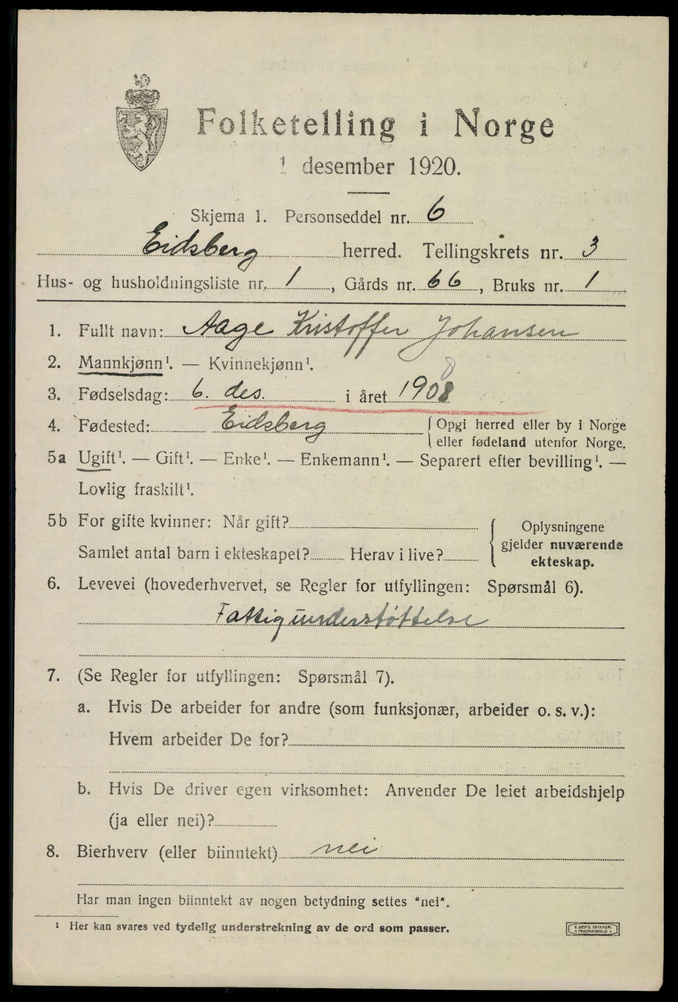 SAO, 1920 census for Eidsberg, 1920, p. 3989