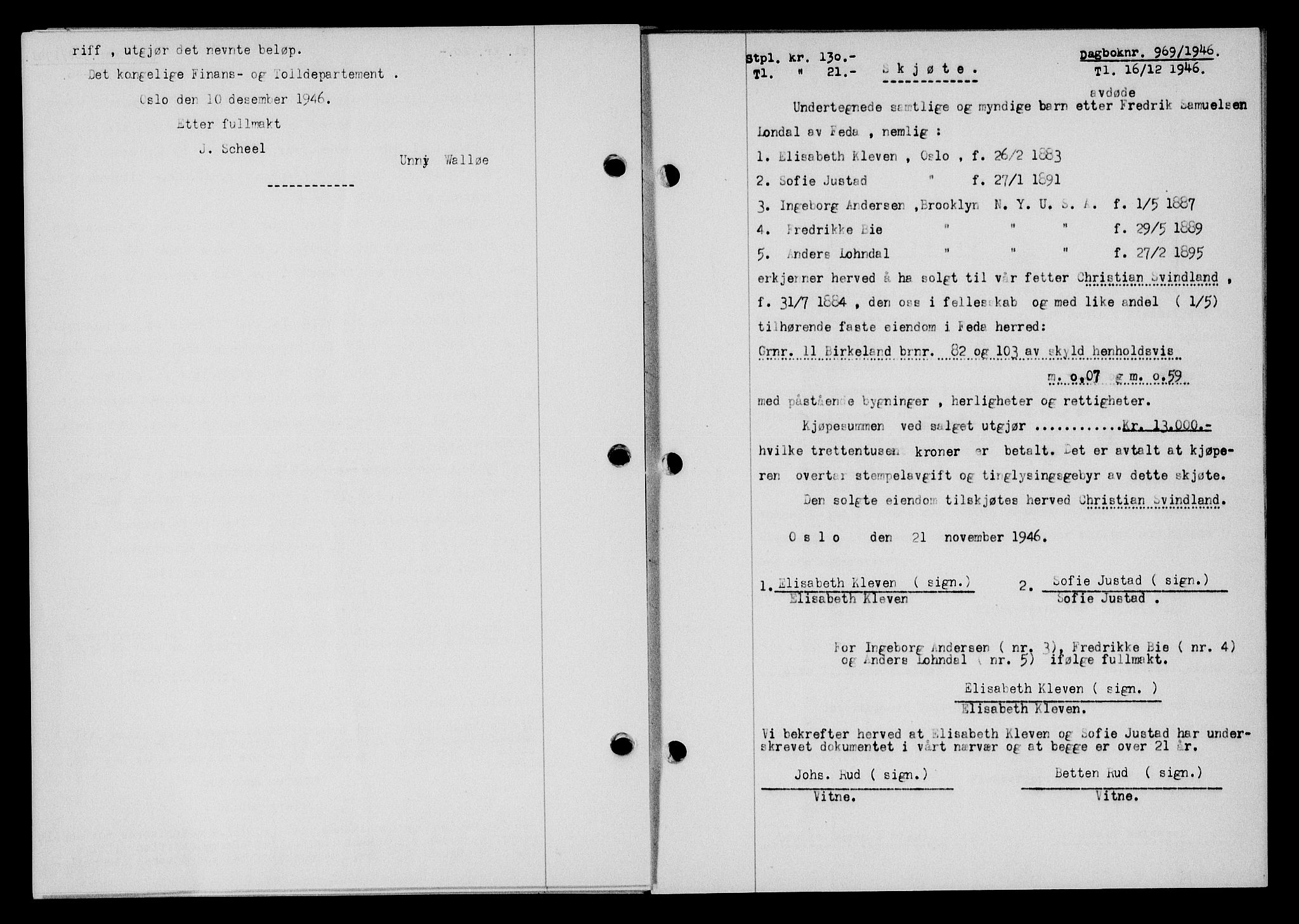 Flekkefjord sorenskriveri, SAK/1221-0001/G/Gb/Gba/L0061: Mortgage book no. A-9, 1946-1947, Diary no: : 969/1946