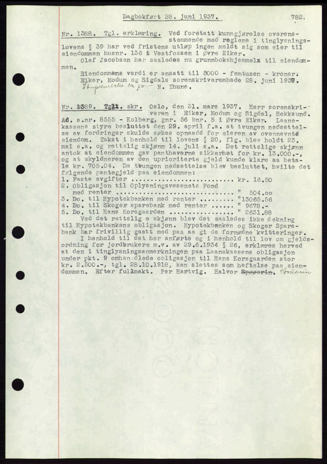 Eiker, Modum og Sigdal sorenskriveri, SAKO/A-123/G/Ga/Gab/L0035: Mortgage book no. A5, 1937-1937, Diary no: : 1388/1937