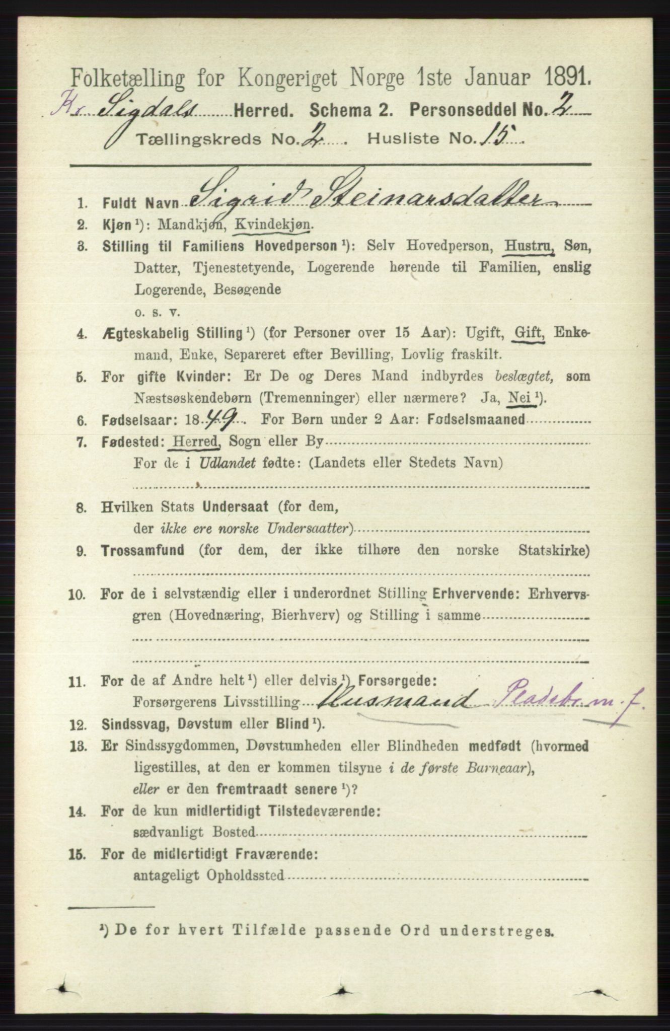 RA, 1891 census for 0621 Sigdal, 1891, p. 5421