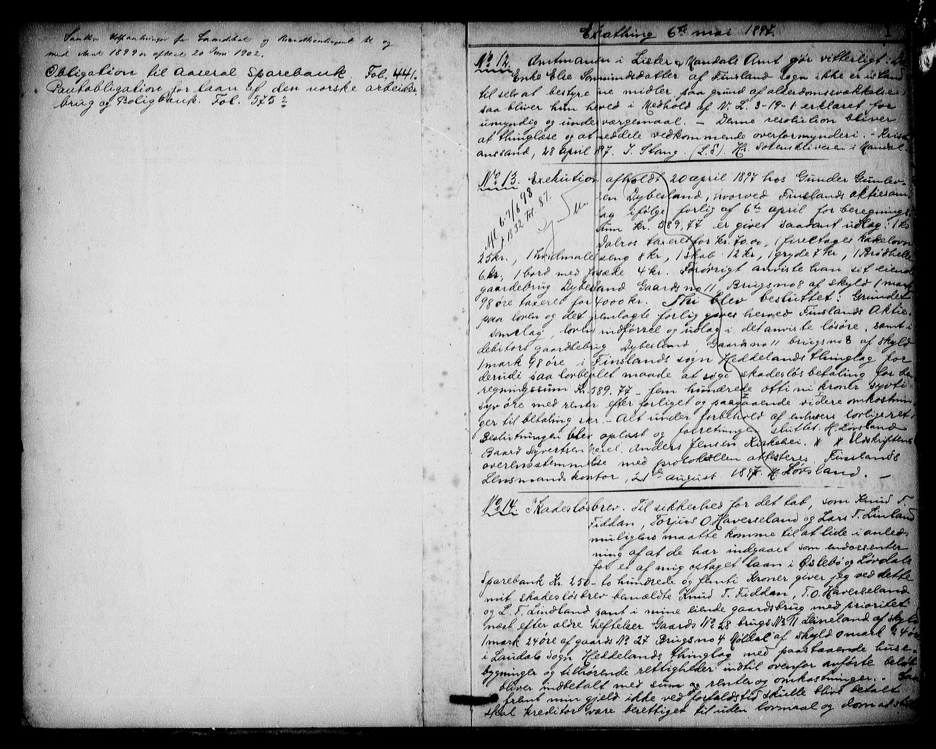 Mandal sorenskriveri, AV/SAK-1221-0005/001/G/Gb/Gba/L0052: Mortgage book no. 32, 1897-1905, p. 1