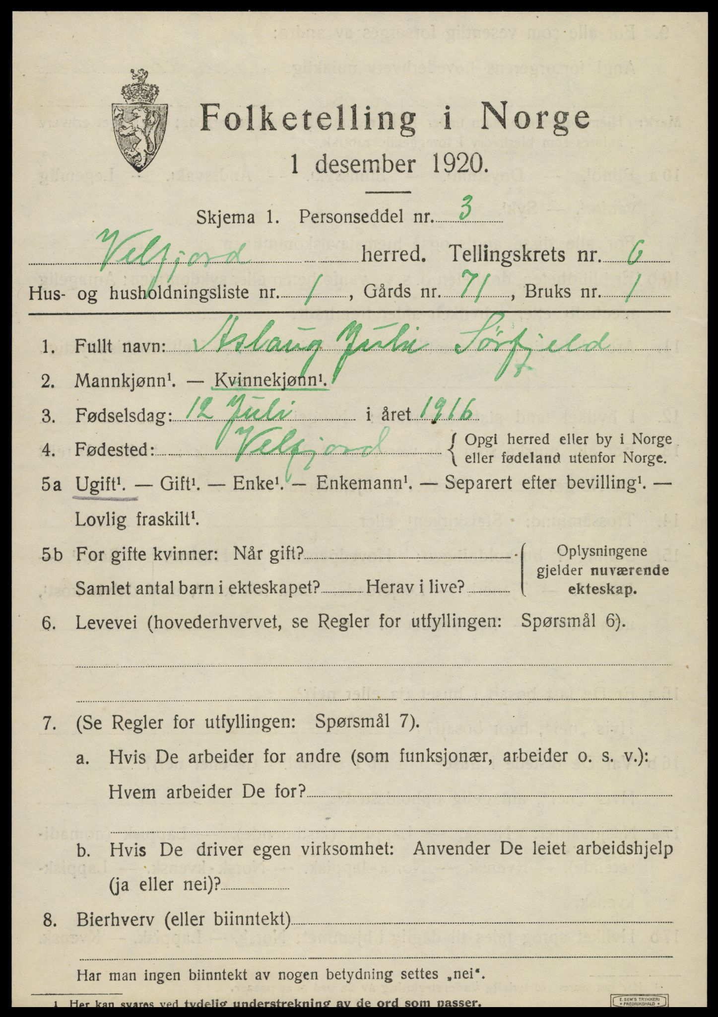 SAT, 1920 census for Velfjord, 1920, p. 3399