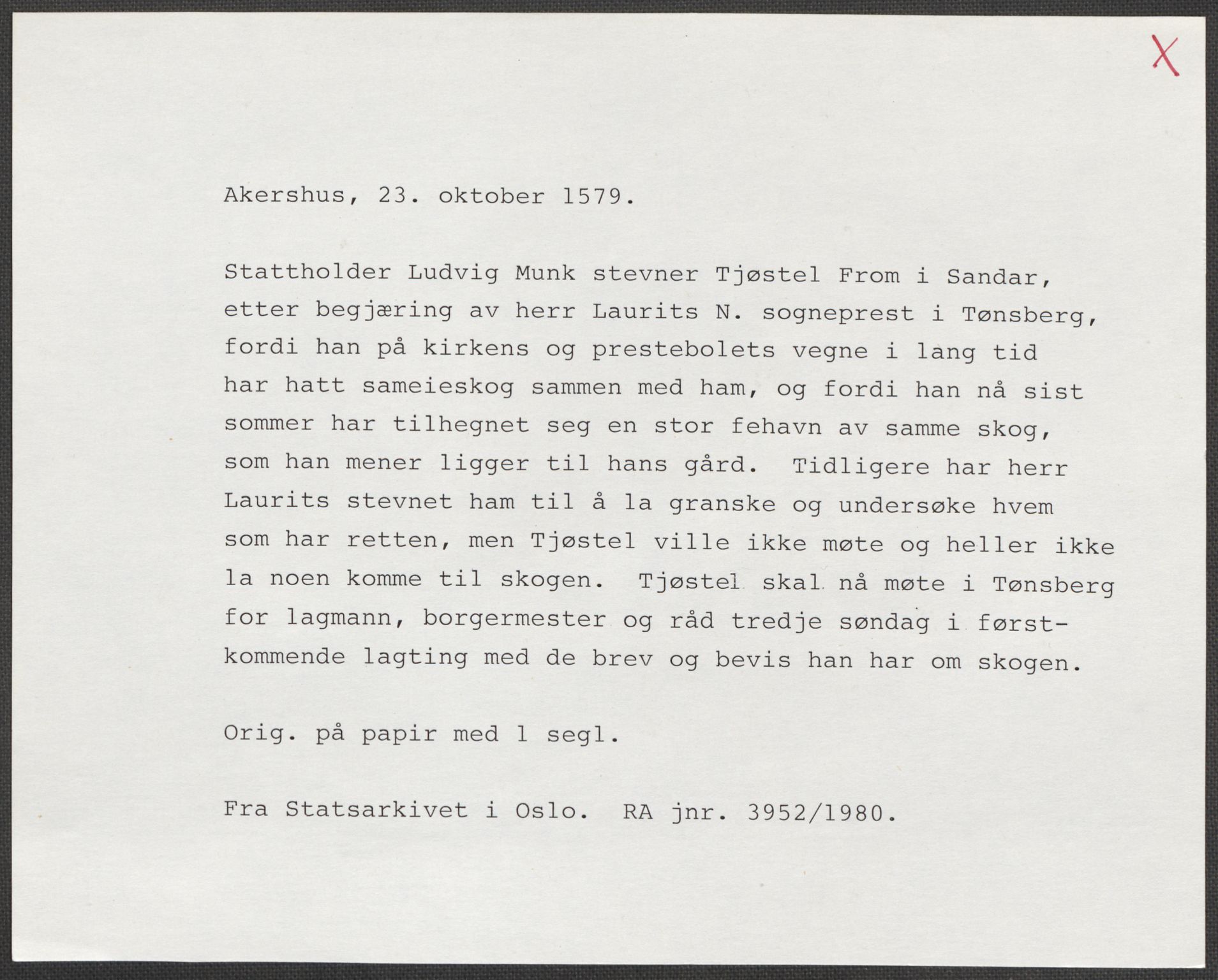 Riksarkivets diplomsamling, RA/EA-5965/F15/L0022: Prestearkiv - Vestfold, 1573-1670, p. 61