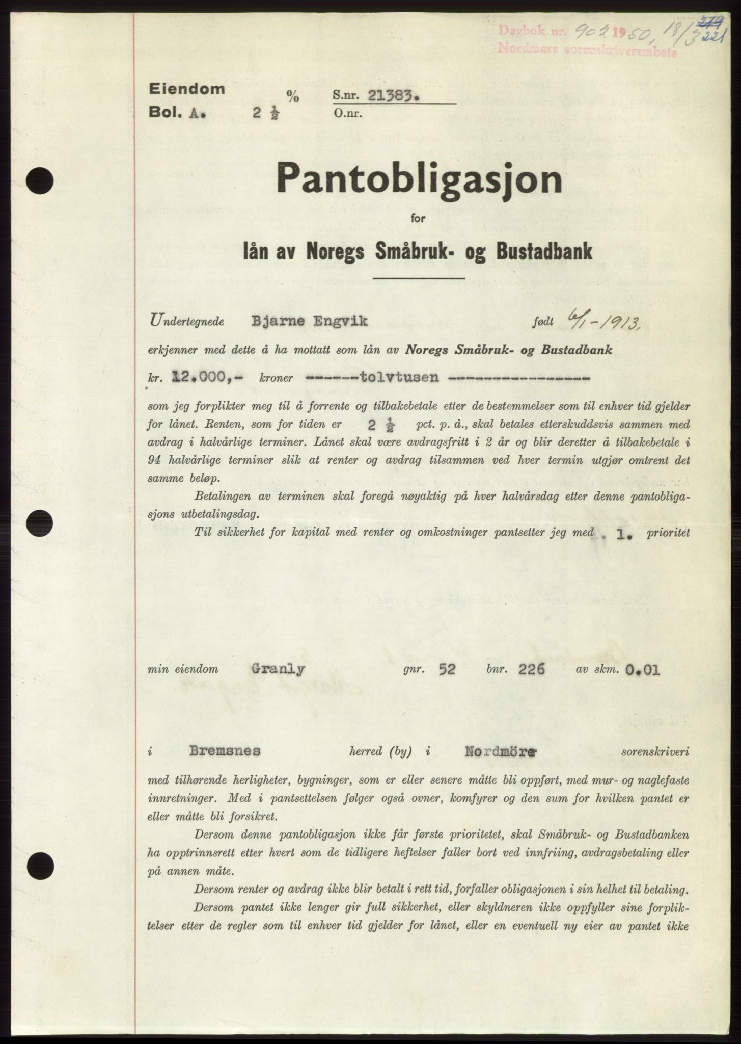 Nordmøre sorenskriveri, AV/SAT-A-4132/1/2/2Ca: Mortgage book no. B104, 1950-1950, Diary no: : 902/1950