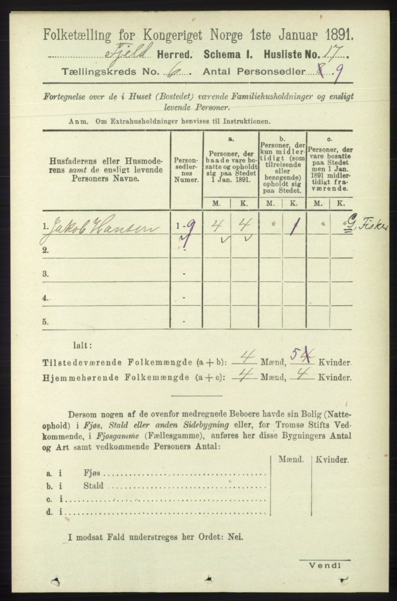 RA, 1891 census for 1246 Fjell, 1891, p. 2957