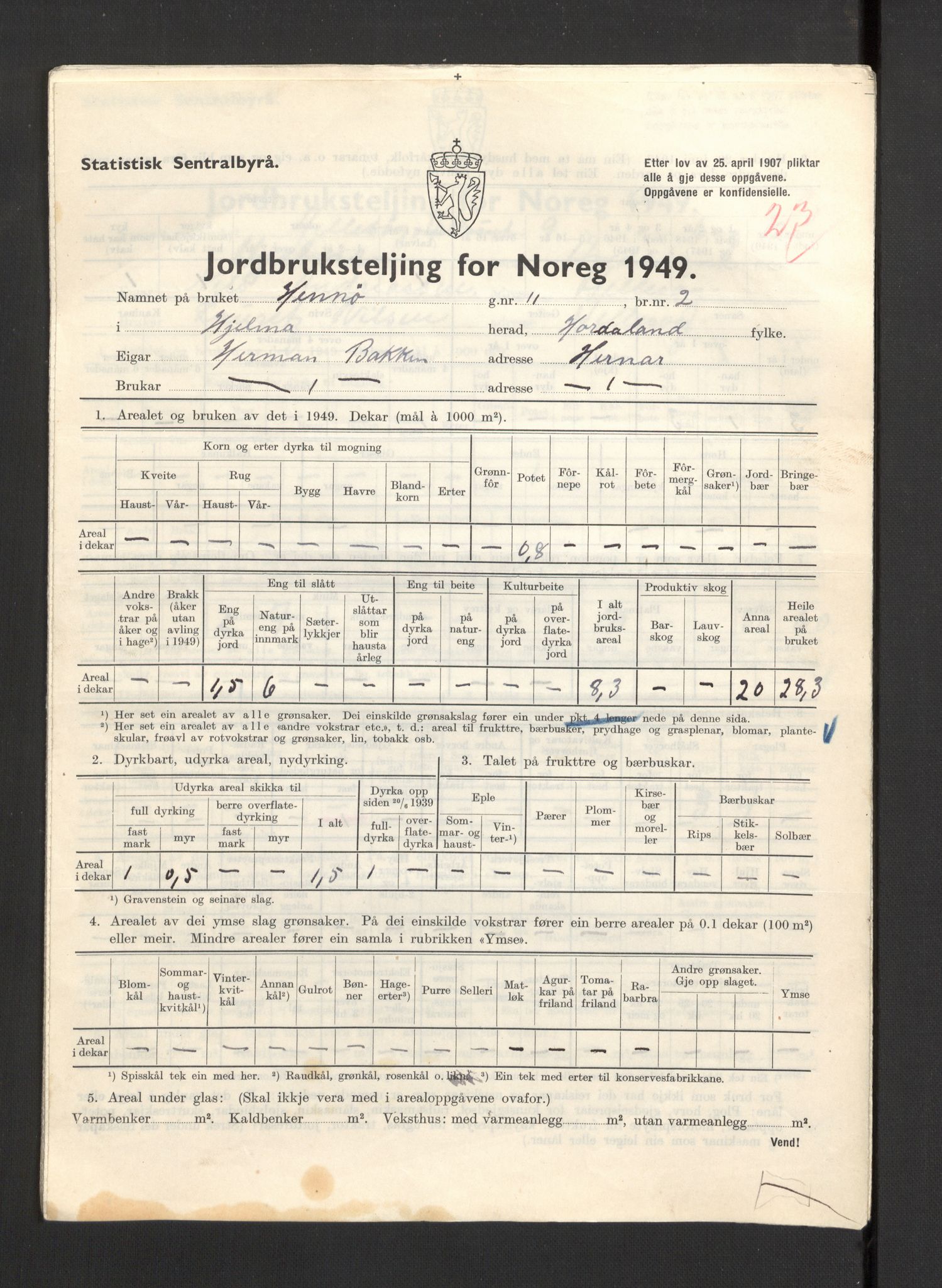 Statistisk sentralbyrå, Næringsøkonomiske emner, Jordbruk, skogbruk, jakt, fiske og fangst, AV/RA-S-2234/G/Gc/L0276: Hordaland: Herdla og Hjelme, 1949, p. 1152