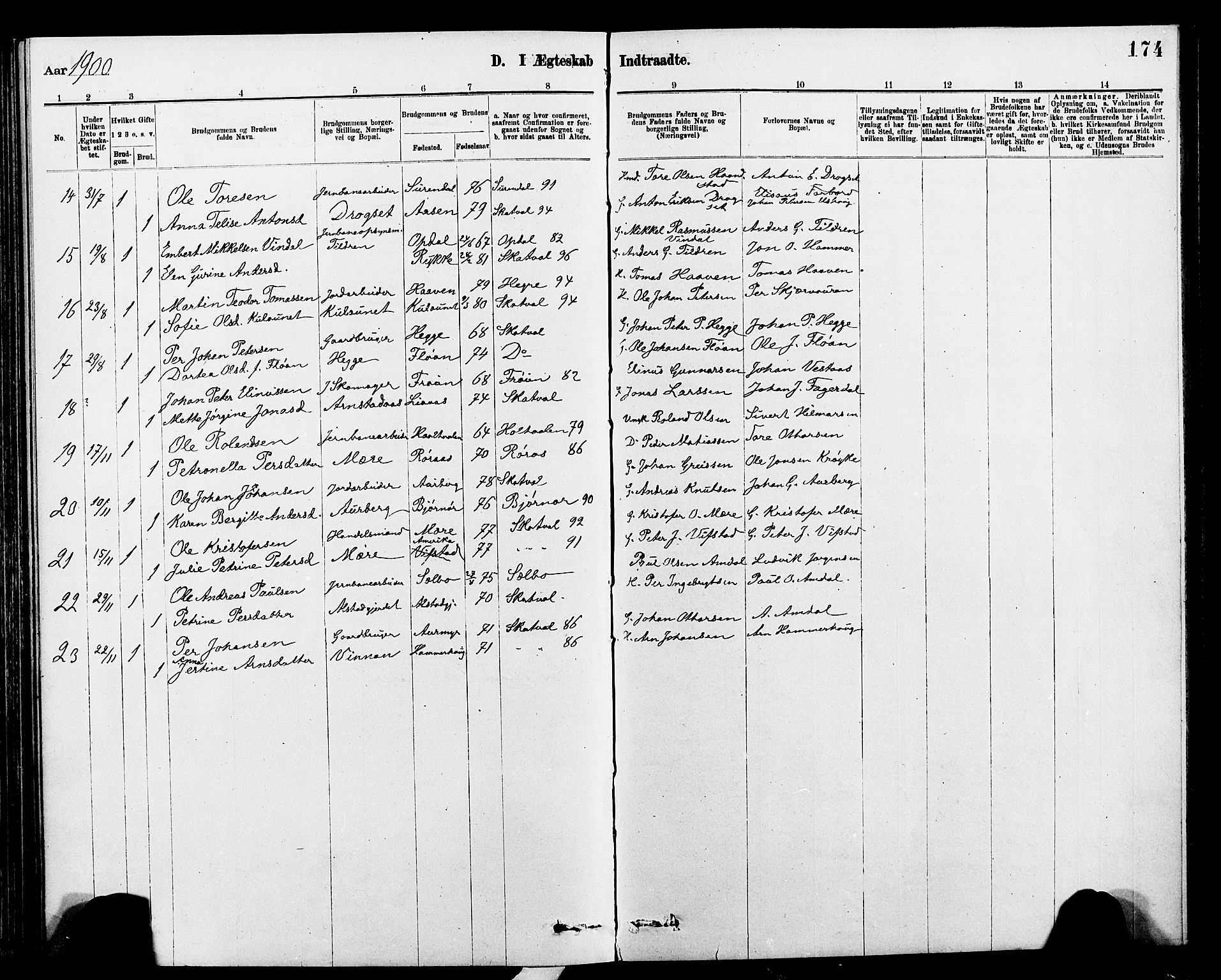 Ministerialprotokoller, klokkerbøker og fødselsregistre - Nord-Trøndelag, AV/SAT-A-1458/712/L0103: Parish register (copy) no. 712C01, 1878-1917, p. 174