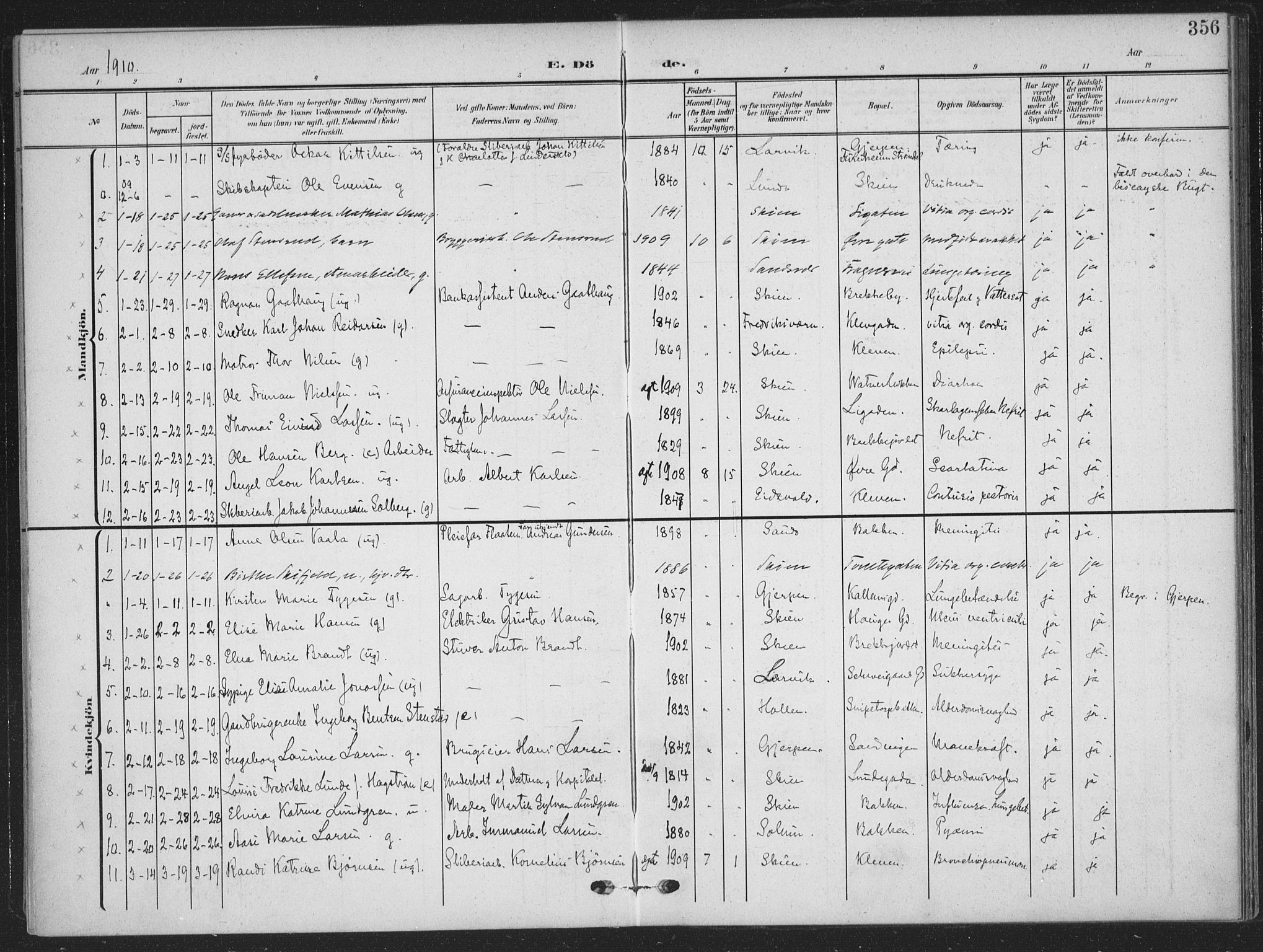 Skien kirkebøker, AV/SAKO-A-302/F/Fa/L0012: Parish register (official) no. 12, 1908-1914, p. 356