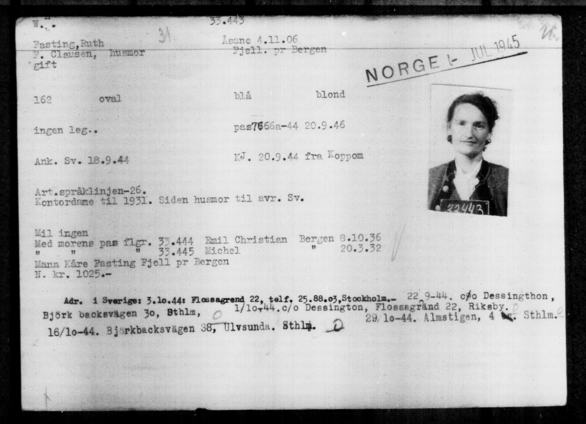 Utenriksstasjonene, Legasjonen i Stockholm, Flyktningkontoret, AV/RA-S-6753/V/Va/L0013: Kjesäterkartoteket, flyktninger med registreringsnr. 31500-34731, 1940-1945, p. 2047