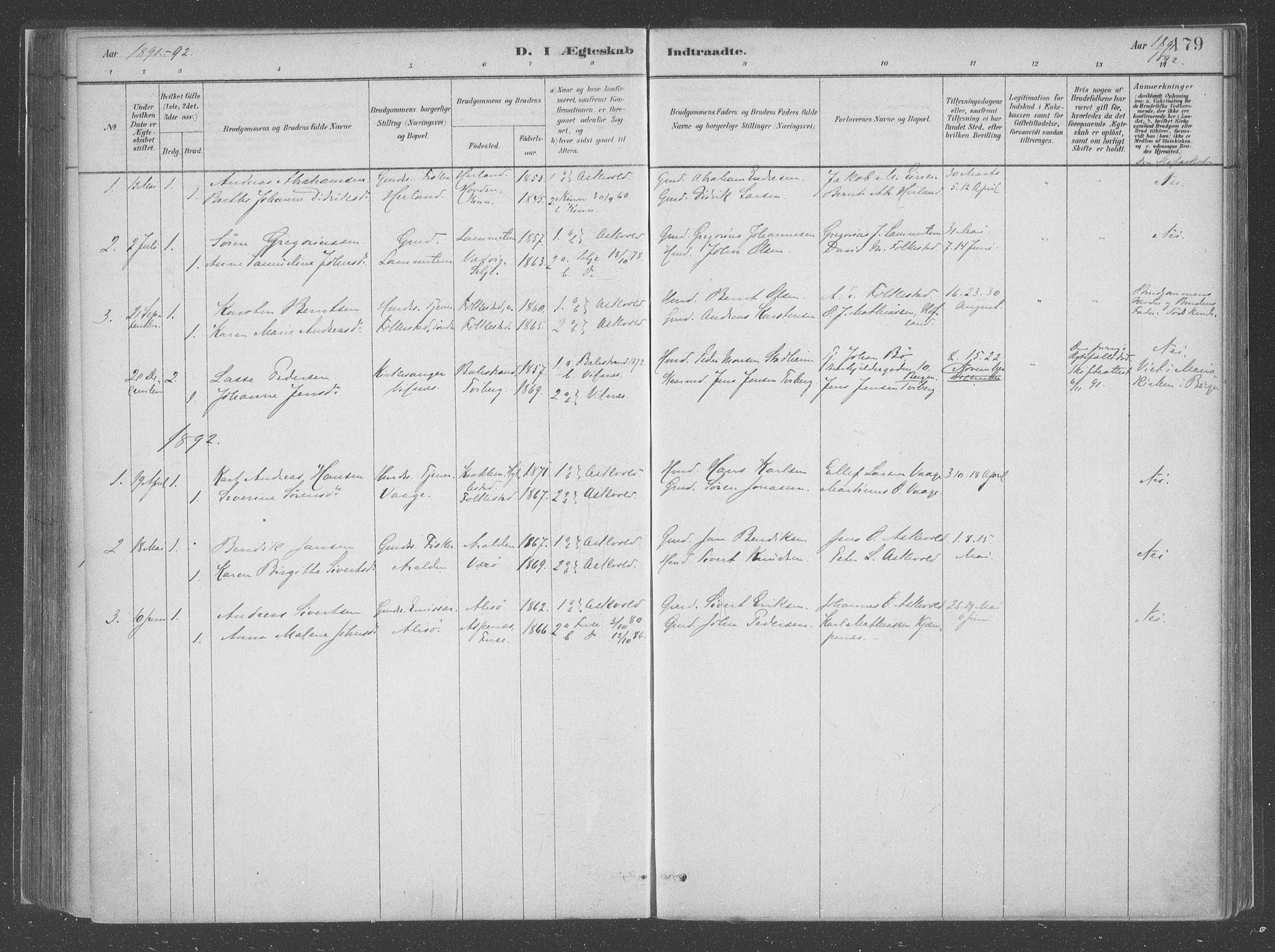 Askvoll sokneprestembete, SAB/A-79501/H/Haa/Haac/L0001: Parish register (official) no. C  1, 1879-1922, p. 179