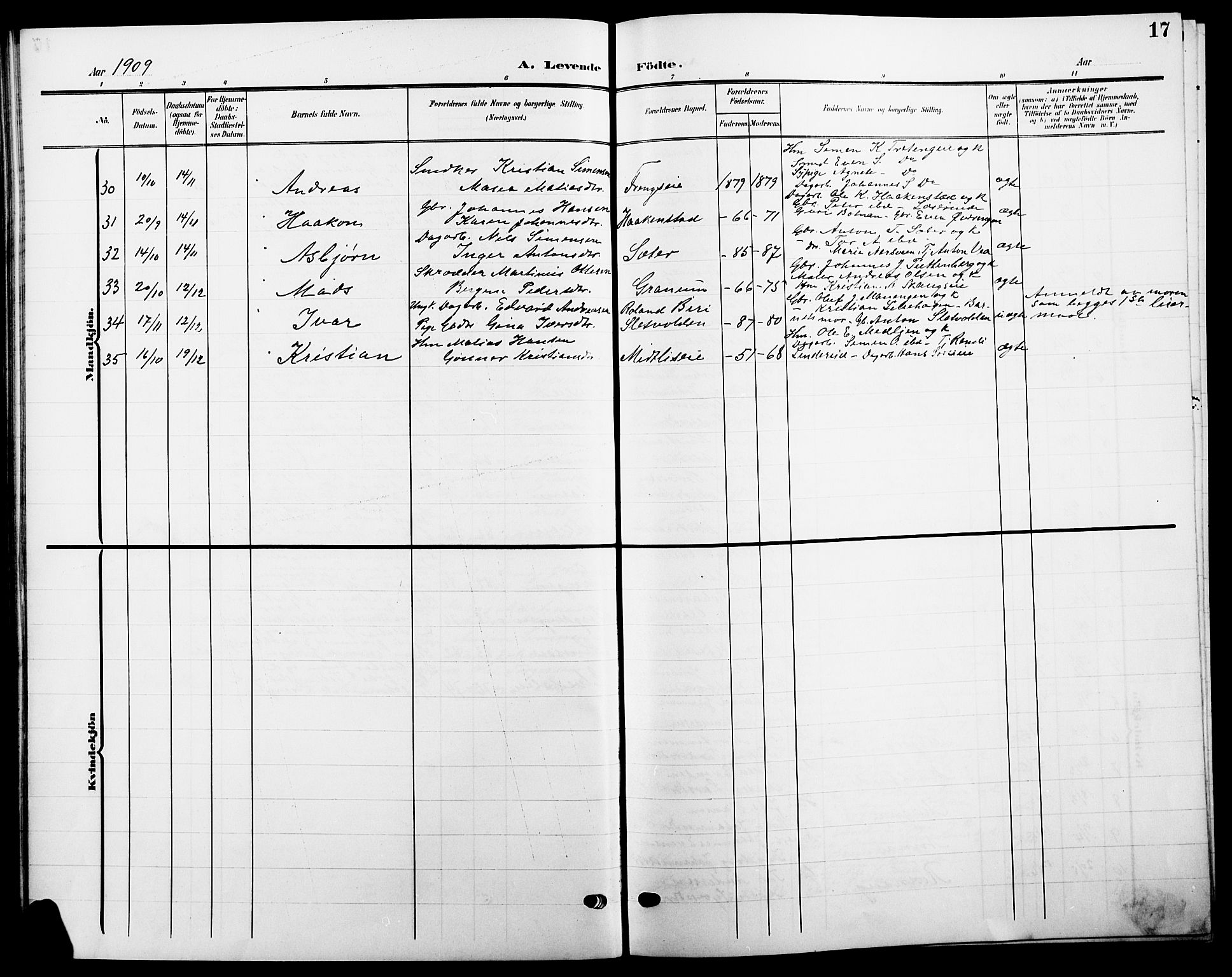 Ringsaker prestekontor, AV/SAH-PREST-014/L/La/L0016: Parish register (copy) no. 16, 1905-1920, p. 17