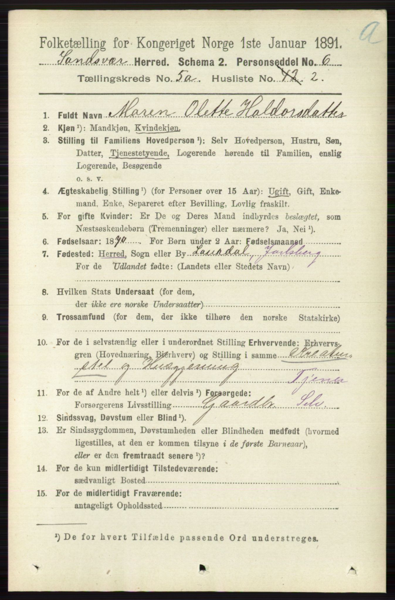 RA, 1891 census for 0629 Sandsvær, 1891, p. 2487