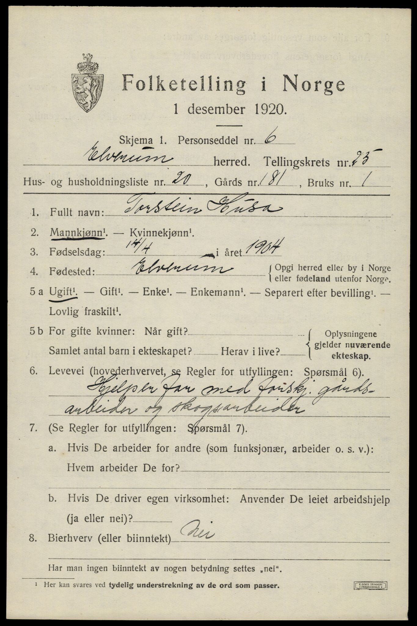 SAH, 1920 census for Elverum, 1920, p. 26448