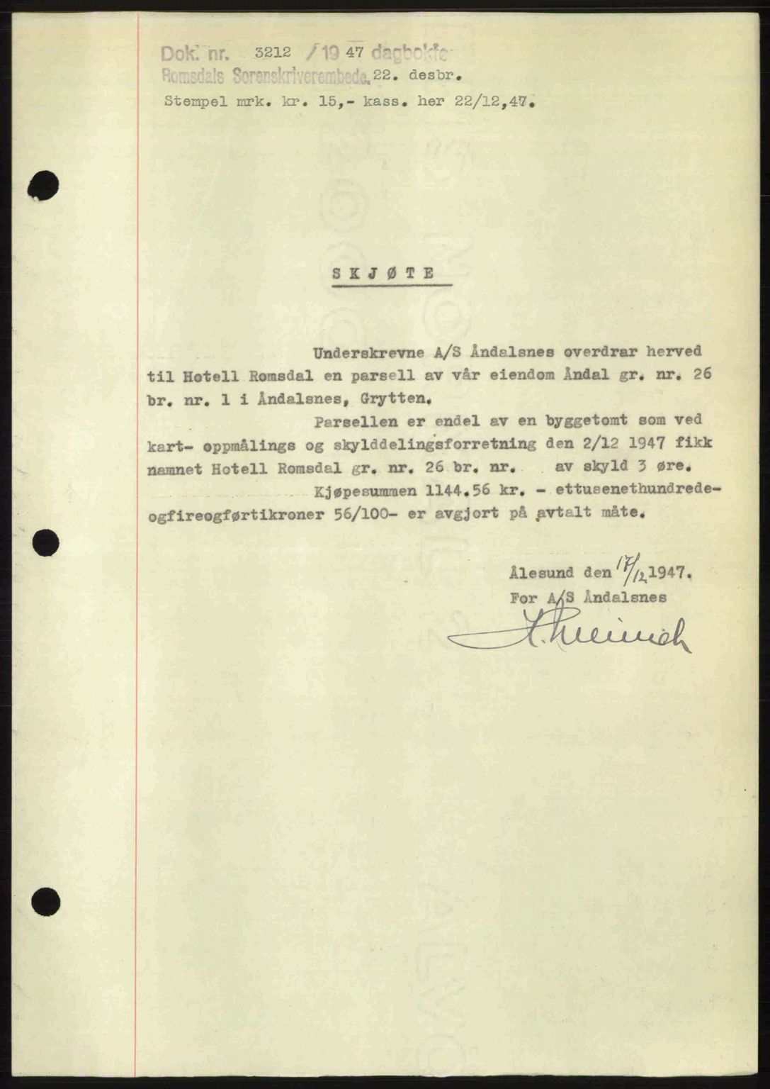 Romsdal sorenskriveri, SAT/A-4149/1/2/2C: Mortgage book no. A24, 1947-1947, Diary no: : 3212/1947