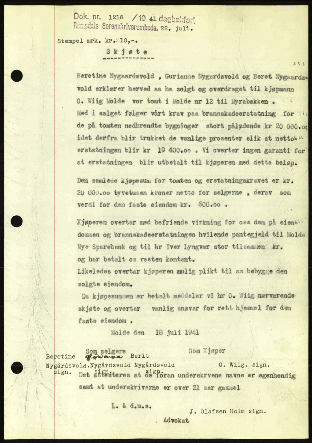 Romsdal sorenskriveri, AV/SAT-A-4149/1/2/2C: Mortgage book no. A10, 1941-1941, Diary no: : 1218/1941