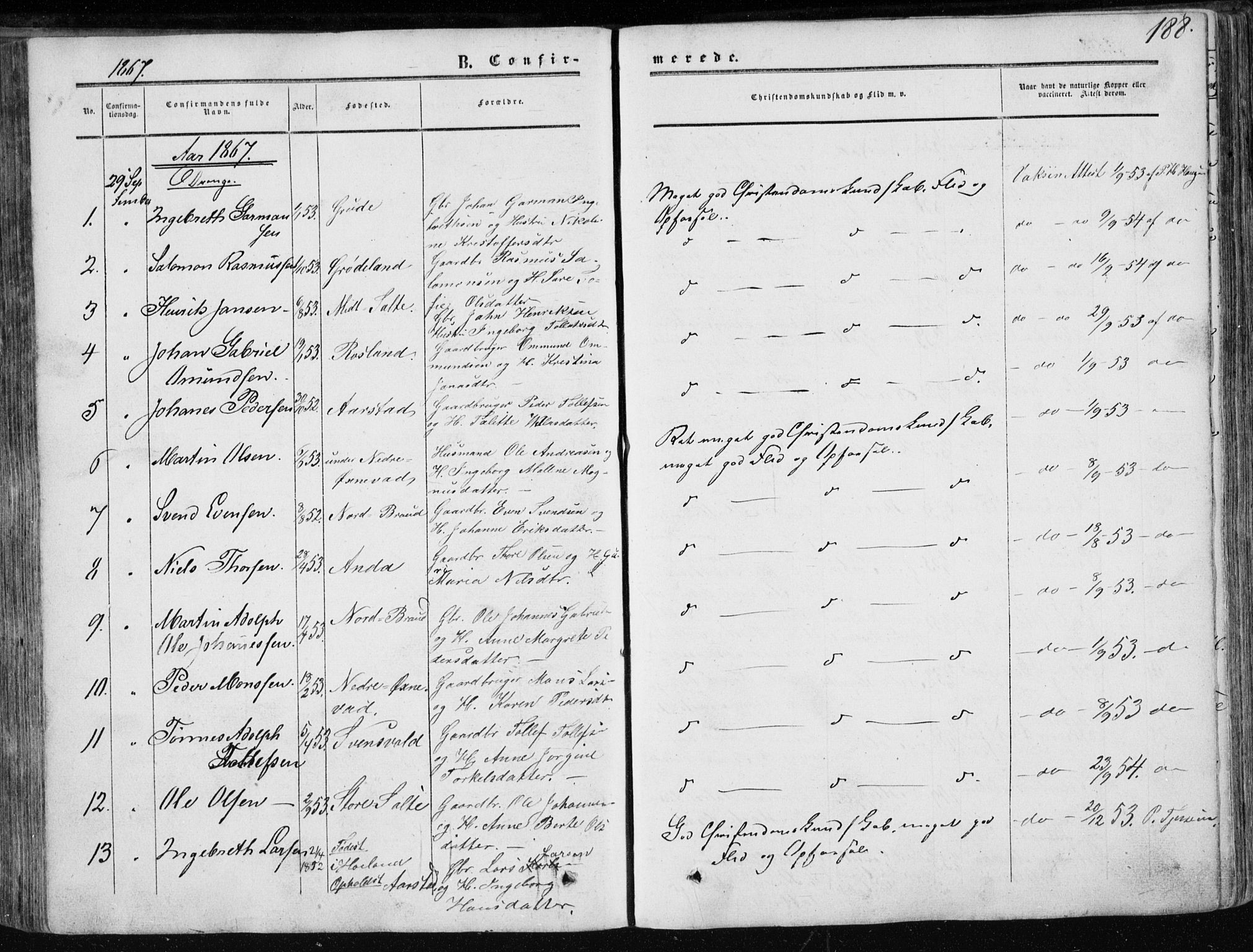 Klepp sokneprestkontor, SAST/A-101803/001/3/30BA/L0005: Parish register (official) no. A 5, 1853-1870, p. 188