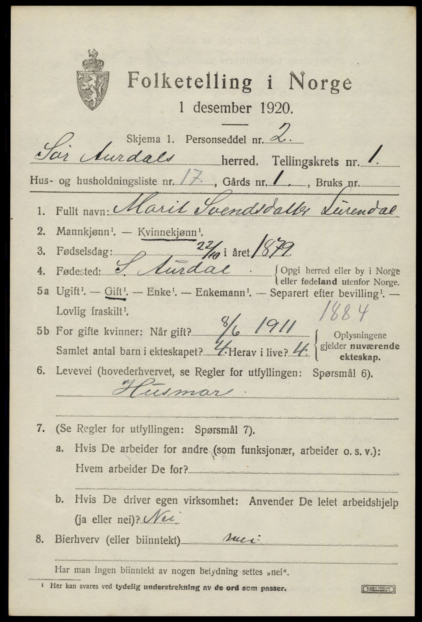 SAH, 1920 census for Sør-Aurdal, 1920, p. 1693