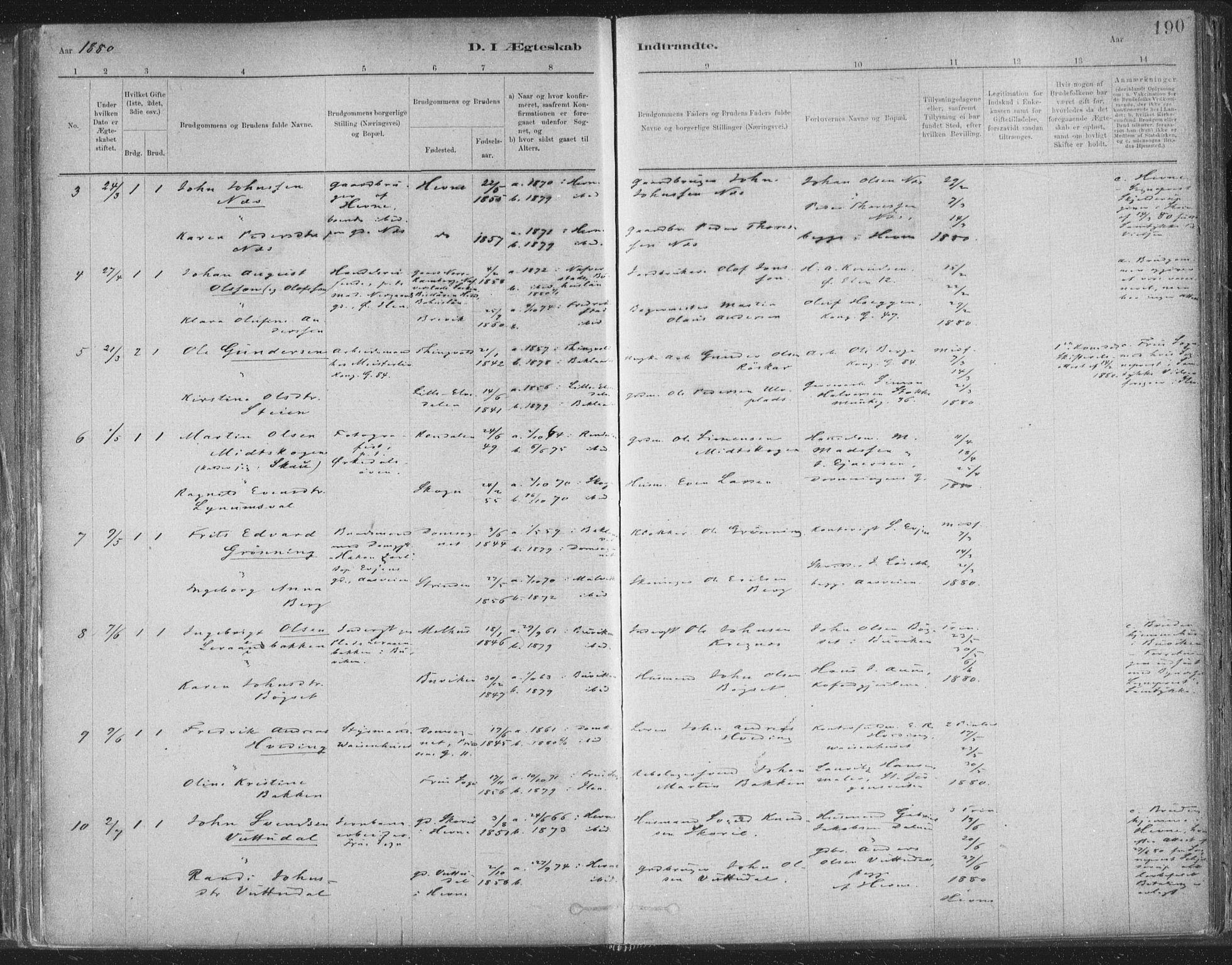 Ministerialprotokoller, klokkerbøker og fødselsregistre - Sør-Trøndelag, AV/SAT-A-1456/603/L0162: Parish register (official) no. 603A01, 1879-1895, p. 190