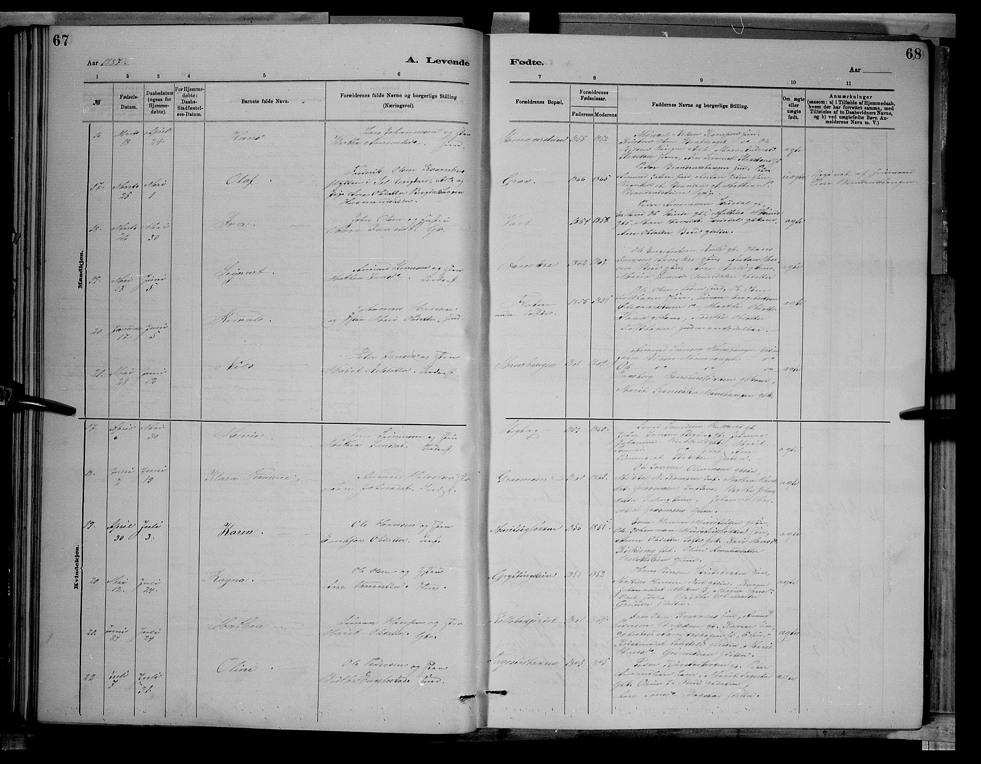 Sør-Fron prestekontor, AV/SAH-PREST-010/H/Ha/Hab/L0003: Parish register (copy) no. 3, 1884-1896, p. 67-68