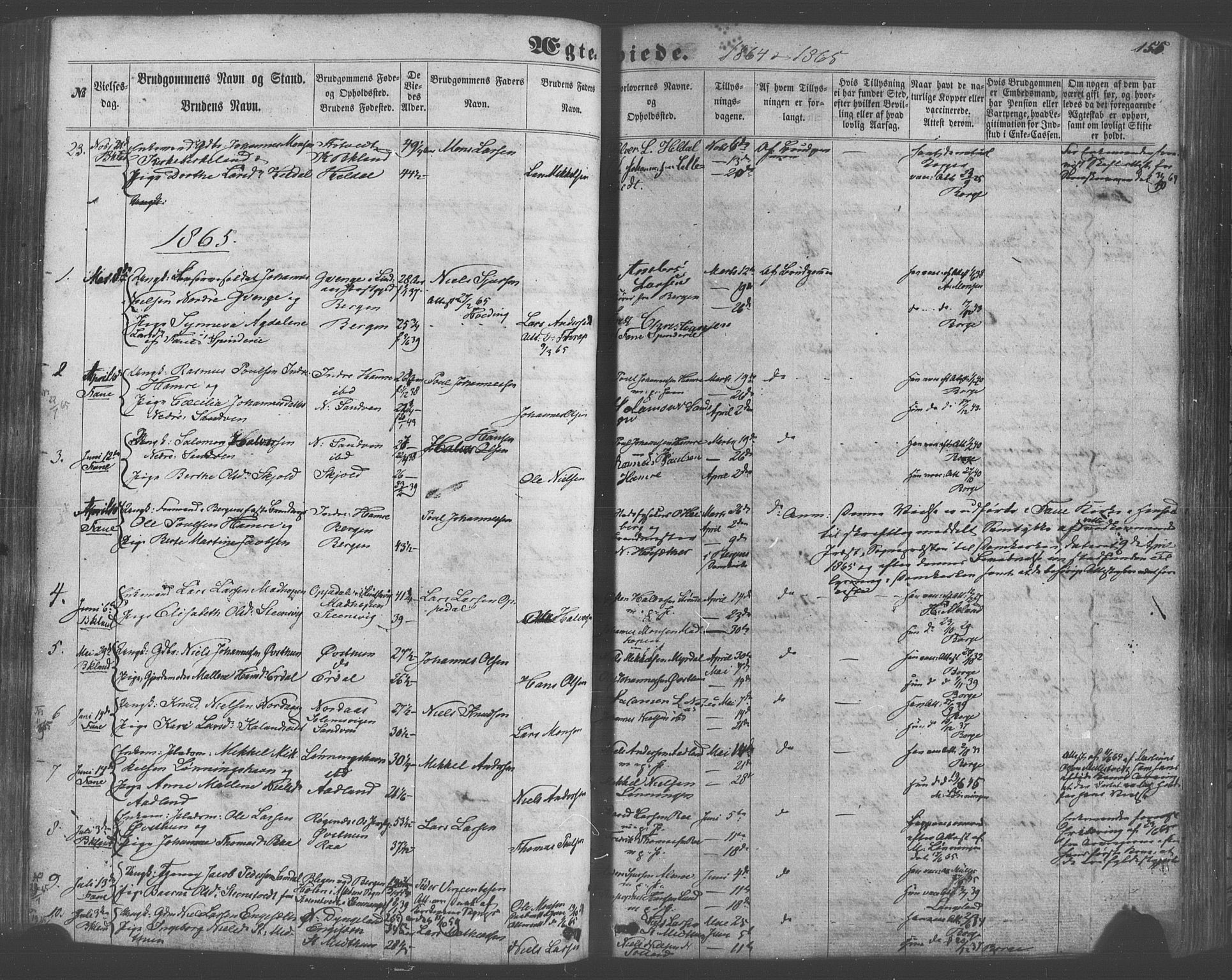 Fana Sokneprestembete, SAB/A-75101/H/Haa/Haaa/L0012: Parish register (official) no. A 12, 1862-1878, p. 155
