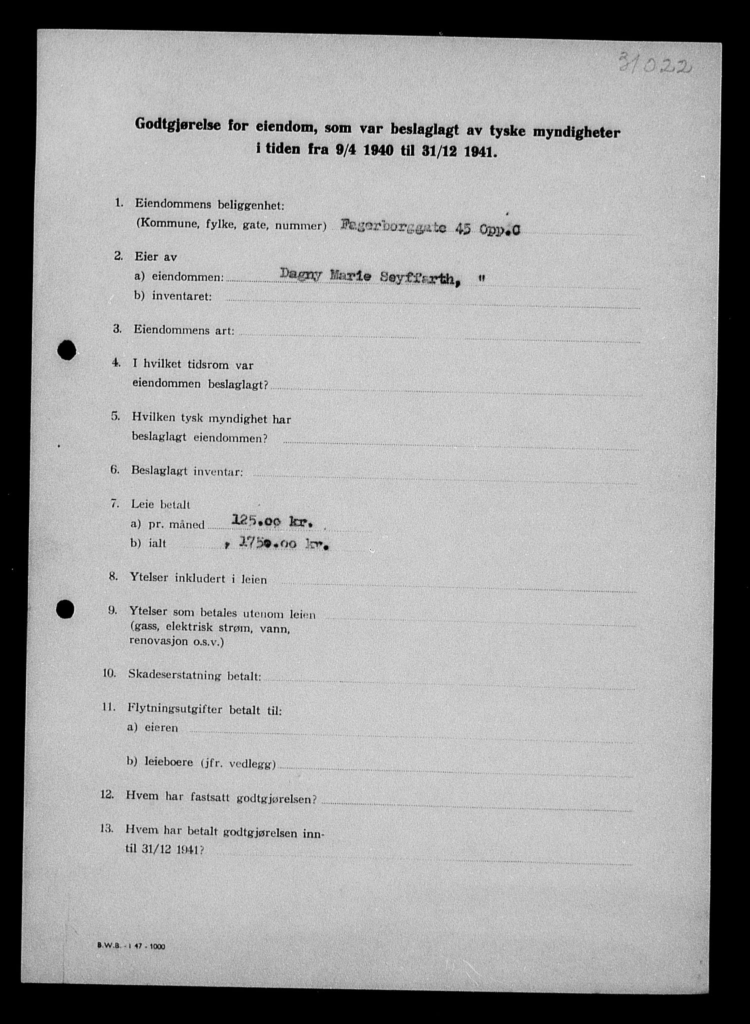 Justisdepartementet, Tilbakeføringskontoret for inndratte formuer, RA/S-1564/I/L1011: Godtgjørelse for beslaglagt eiendom, 1940-1941, p. 554