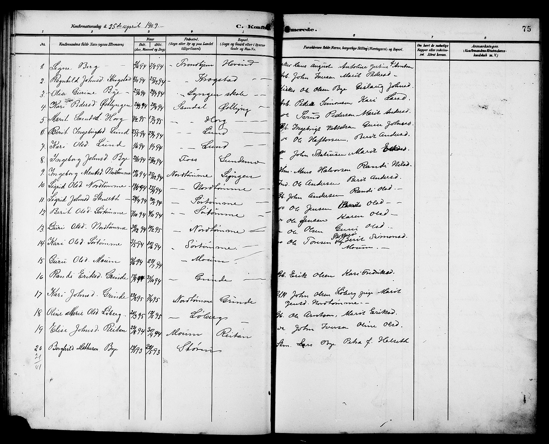 Ministerialprotokoller, klokkerbøker og fødselsregistre - Sør-Trøndelag, SAT/A-1456/692/L1112: Parish register (copy) no. 692C07, 1904-1918, p. 75