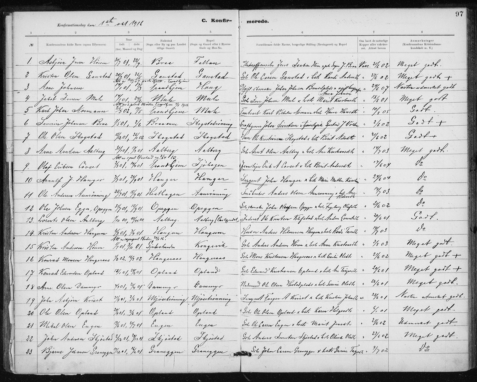 Ministerialprotokoller, klokkerbøker og fødselsregistre - Sør-Trøndelag, SAT/A-1456/612/L0381: Parish register (official) no. 612A13, 1907-1923, p. 97